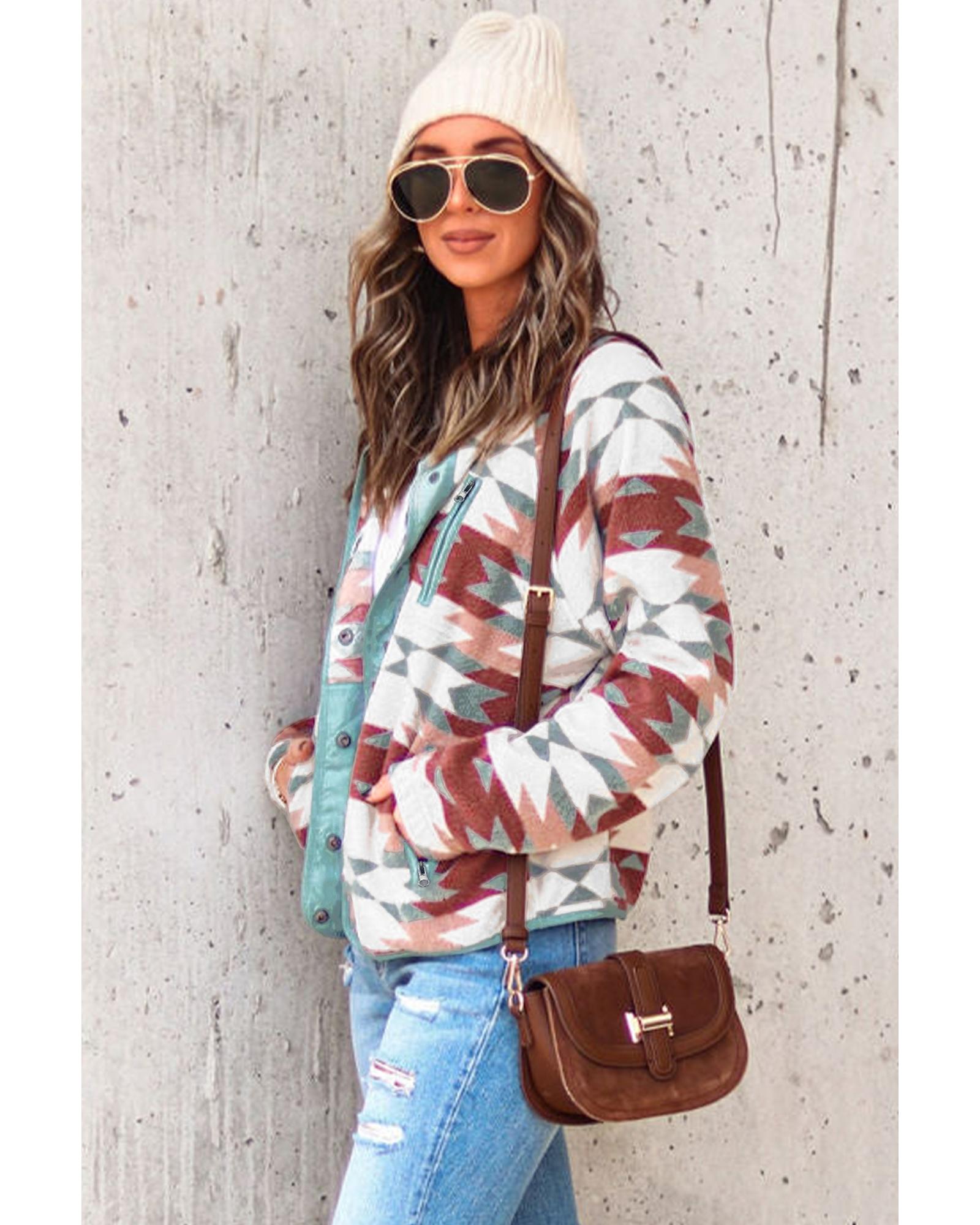 Azura Exchange Red Western Aztec Buttoned Zipper Pockets Fleece Jacket - S