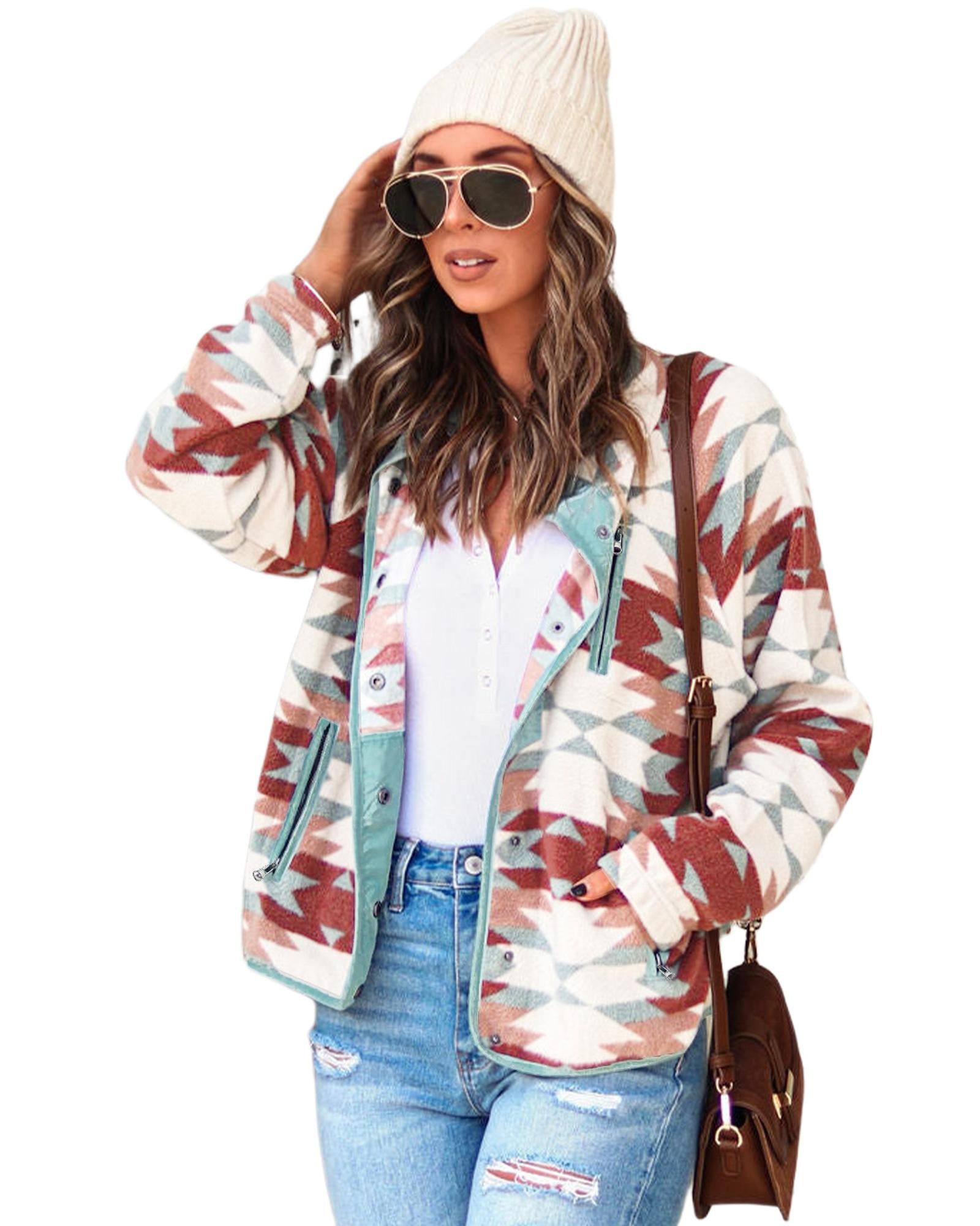 Azura Exchange Red Western Aztec Buttoned Zipper Pockets Fleece Jacket - S