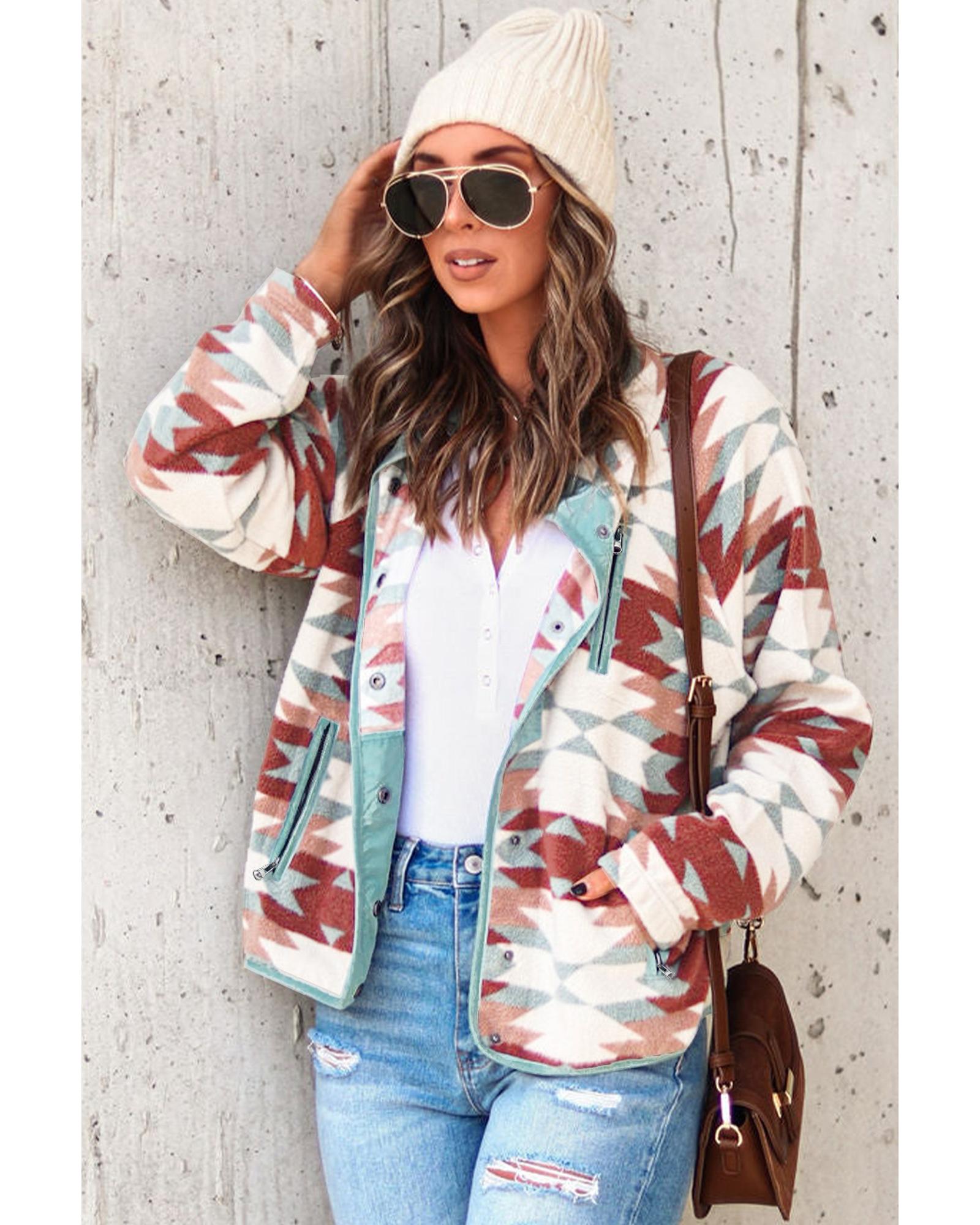 Azura Exchange Red Western Aztec Buttoned Zipper Pockets Fleece Jacket - XL