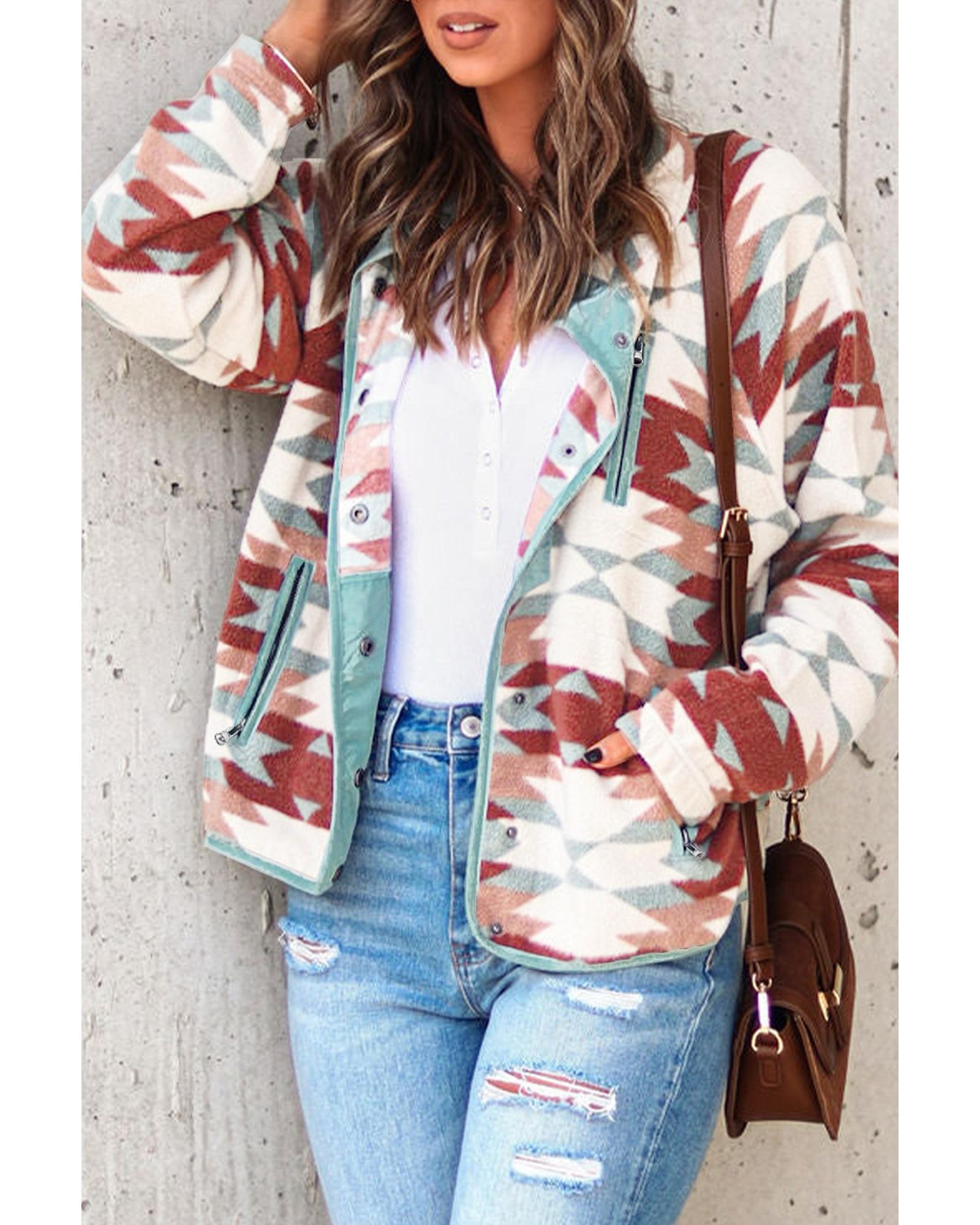 Azura Exchange Red Western Aztec Buttoned Zipper Pockets Fleece Jacket - XL