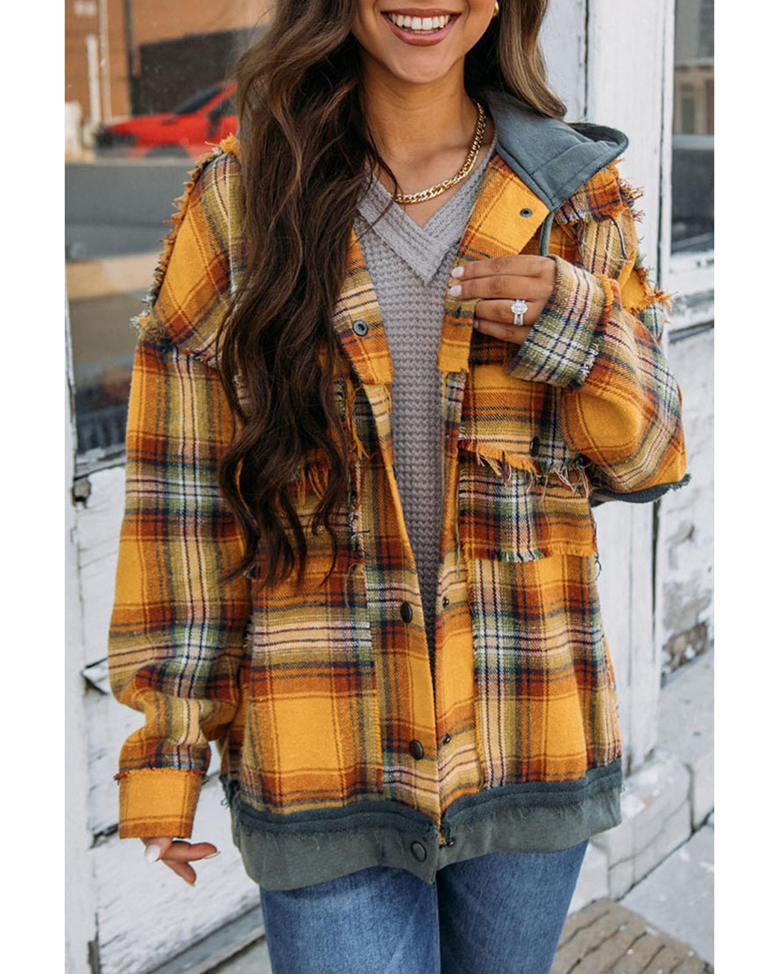 Orange Plaid Patch Hooded Frayed Snap Button Jacket - L