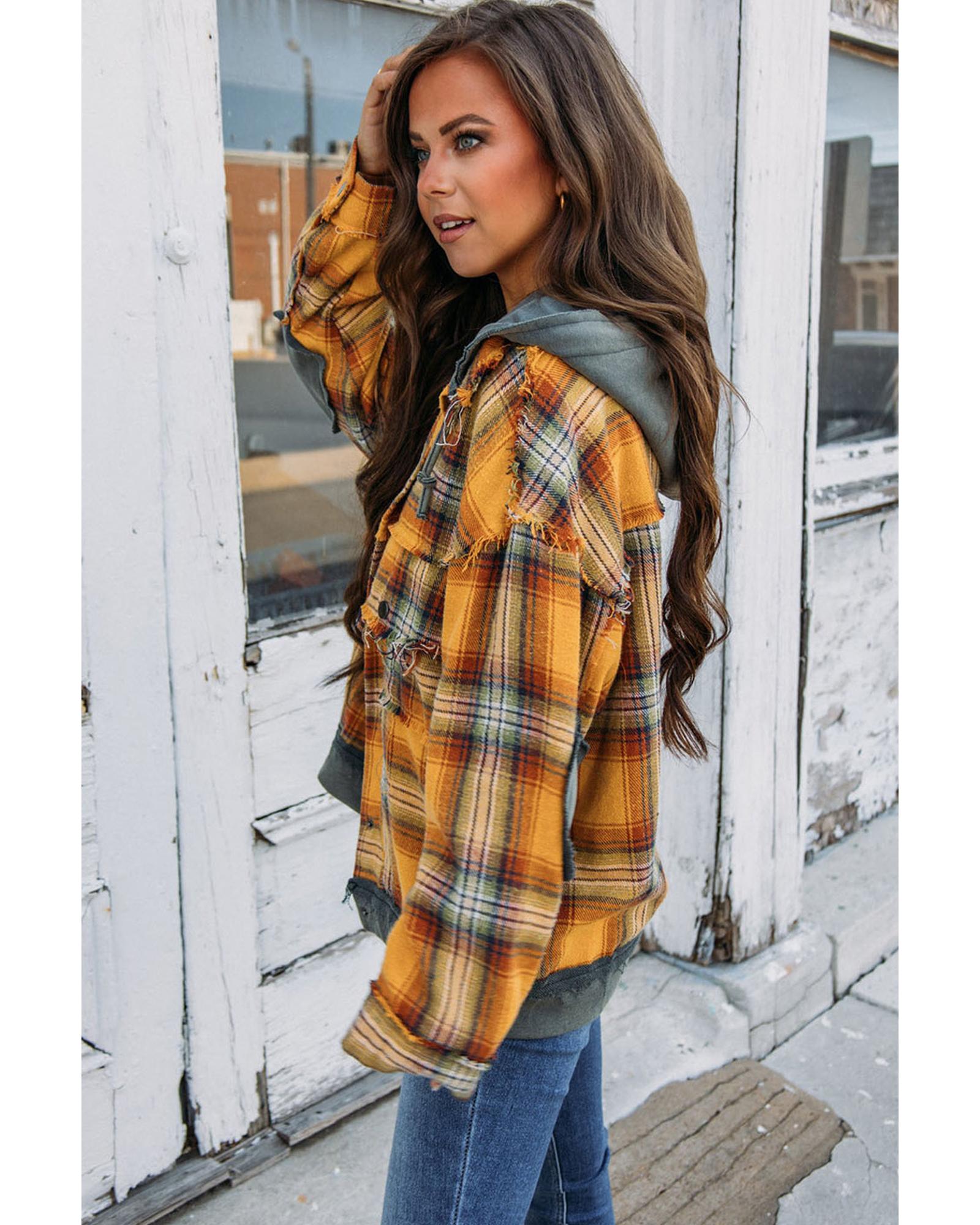 Orange Plaid Patch Hooded Frayed Snap Button Jacket - L
