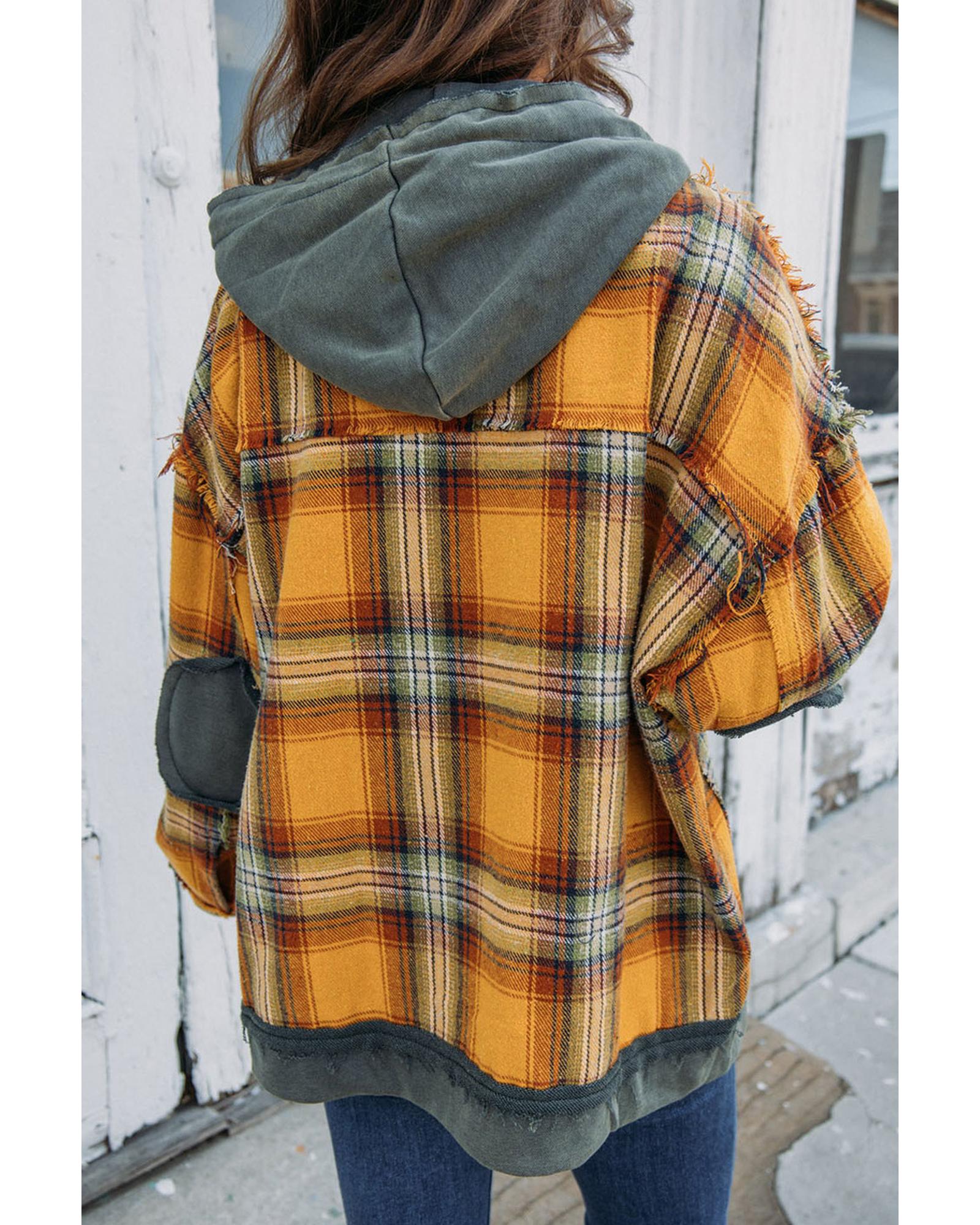 Orange Plaid Patch Hooded Frayed Snap Button Jacket - L
