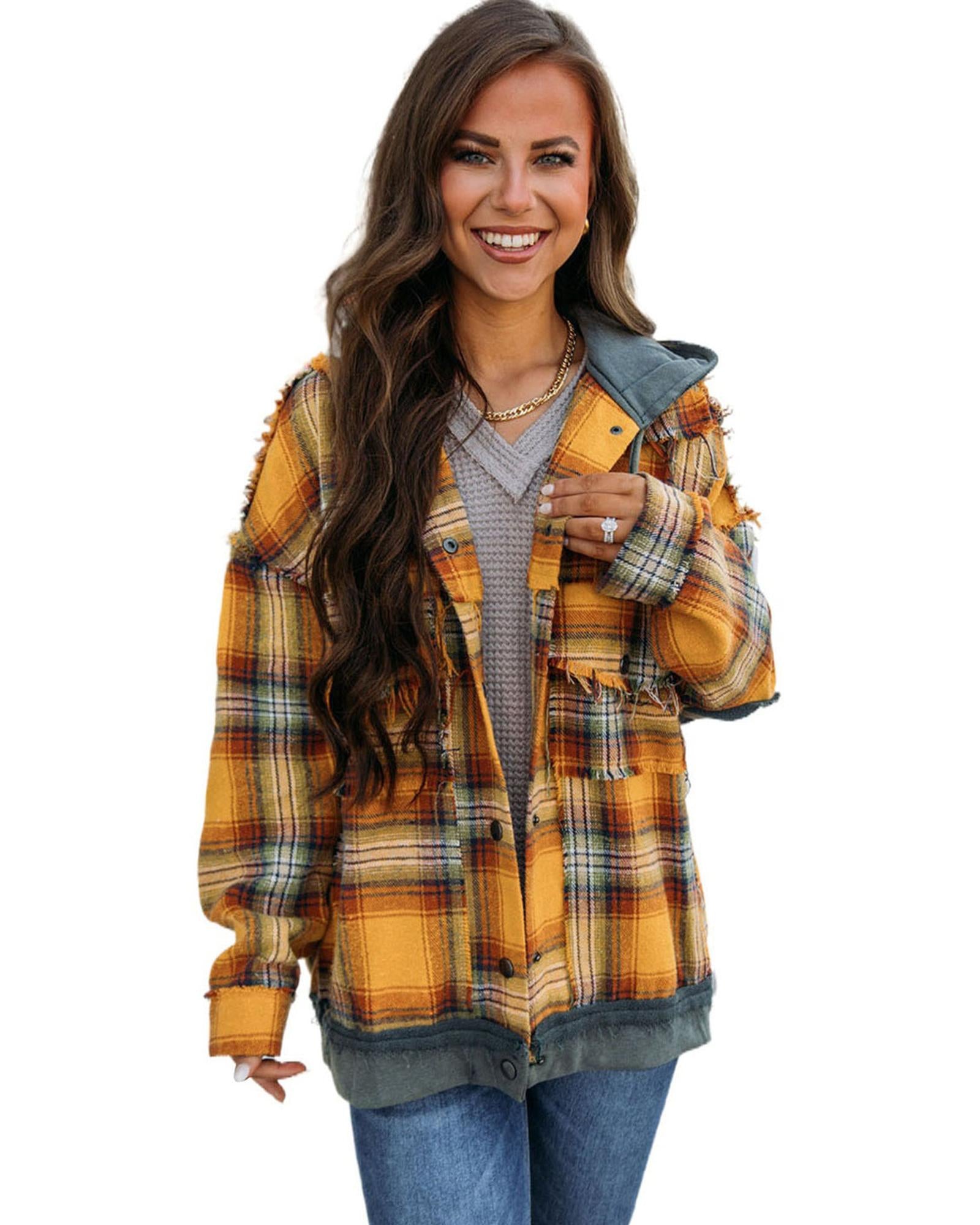 Orange Plaid Patch Hooded Frayed Snap Button Jacket - S