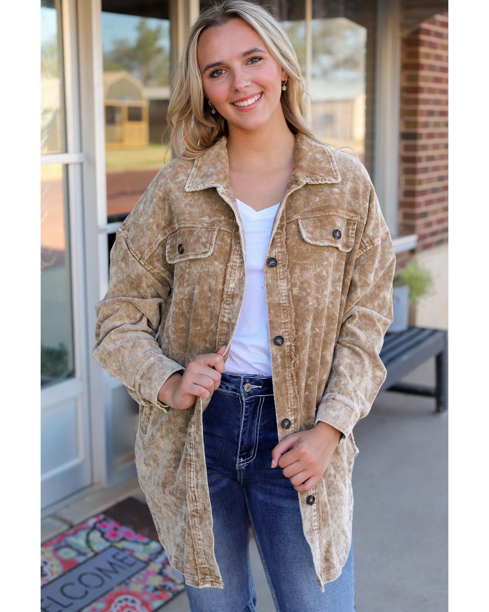 Khaki Vintage Distressed Mineral Wash Oversized Shacket - M