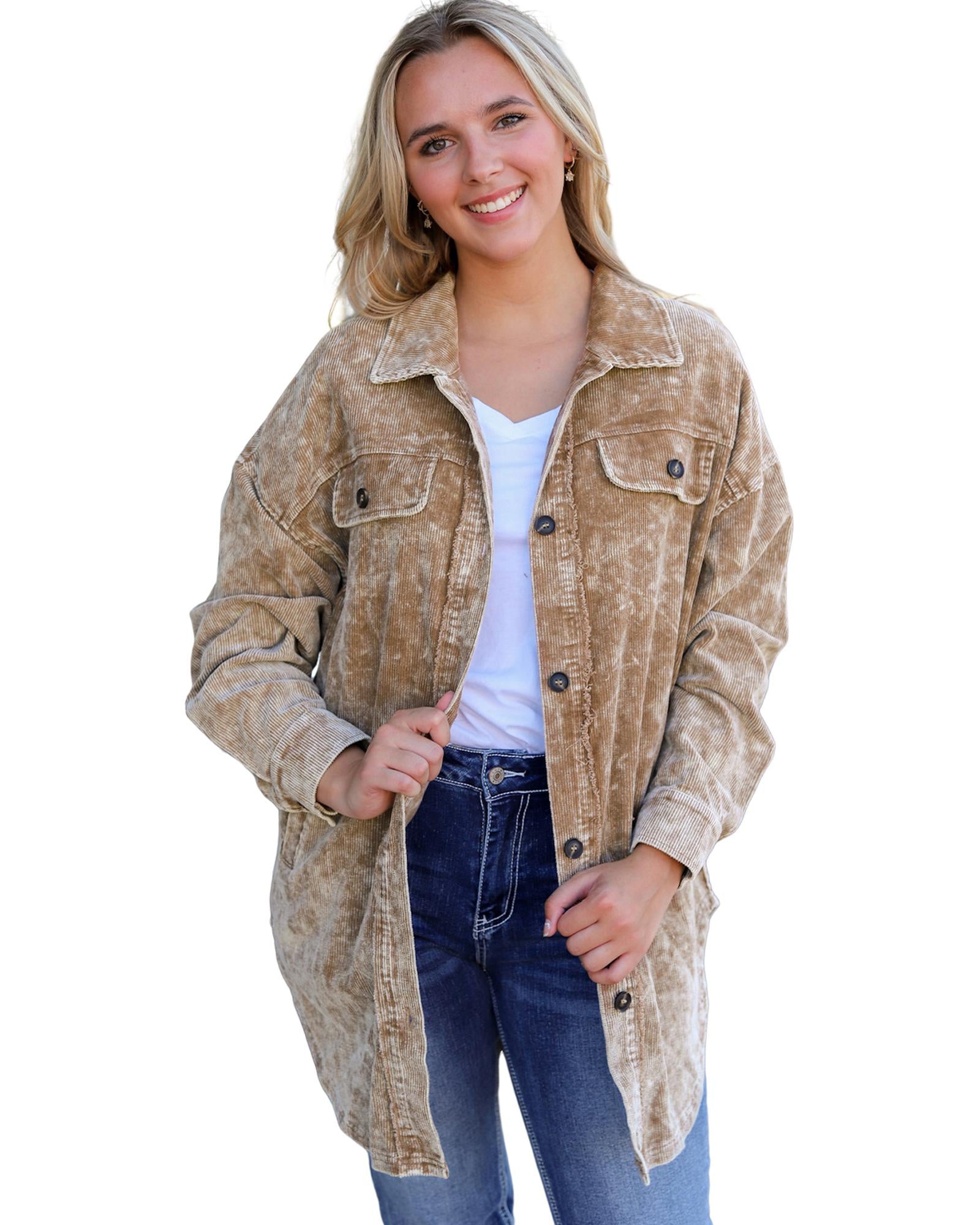 Khaki Vintage Distressed Mineral Wash Oversized Shacket - XL