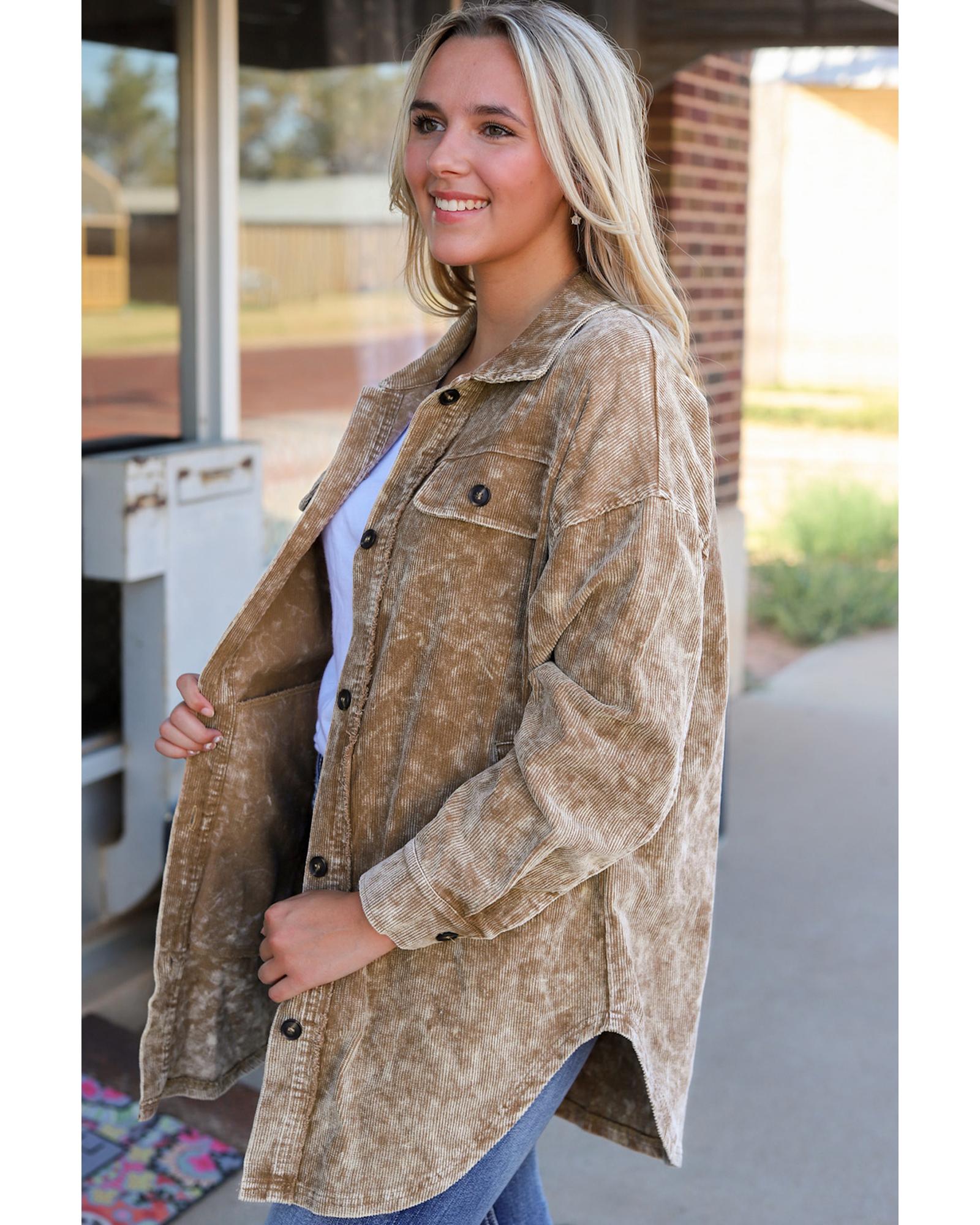 Khaki Vintage Distressed Mineral Wash Oversized Shacket - XL