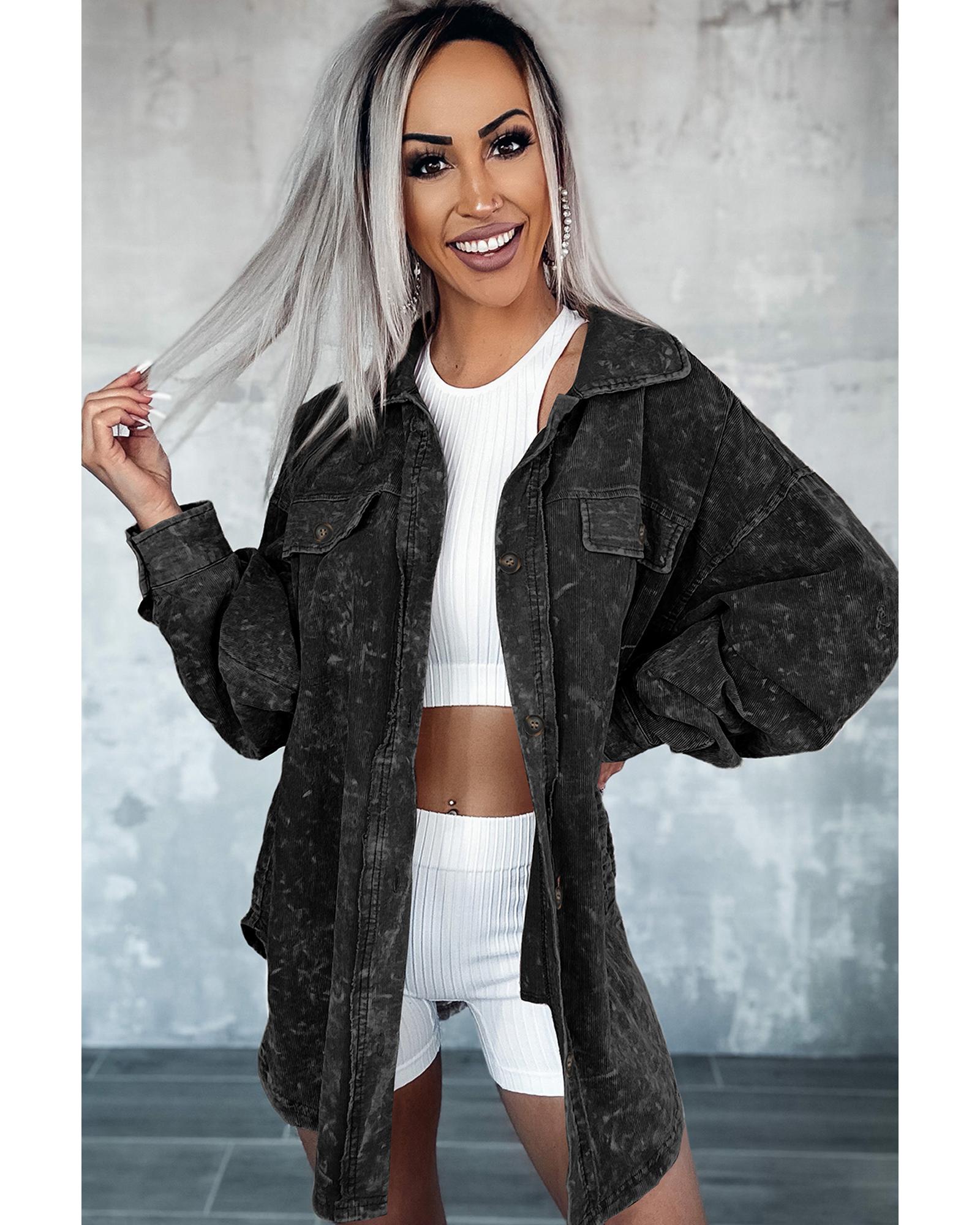Black Vintage Distressed Mineral Wash Oversized Shacket - L