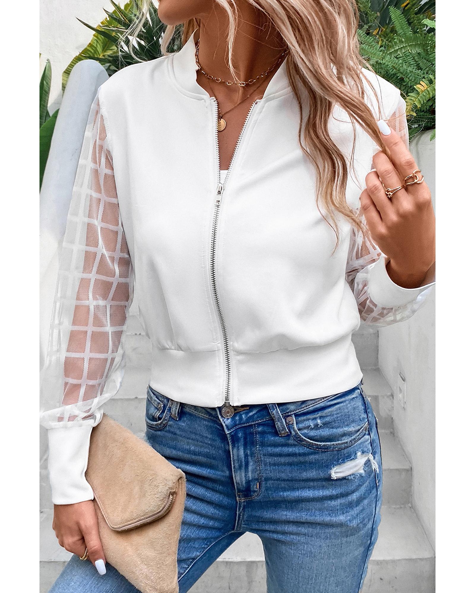 White Latticed Mesh Sleeve Zip Up Bomber Jacket - XL