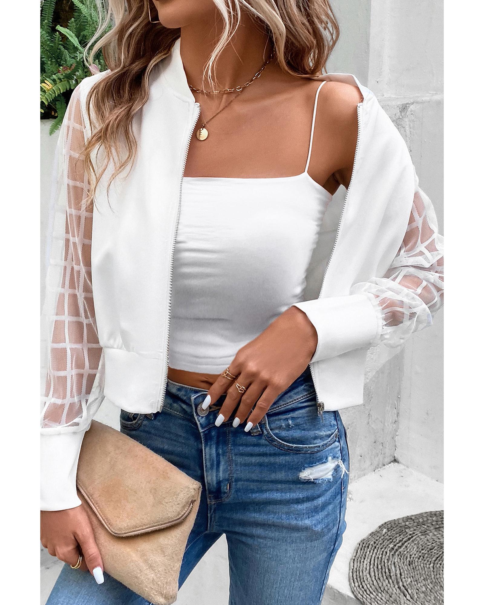White Latticed Mesh Sleeve Zip Up Bomber Jacket - XL