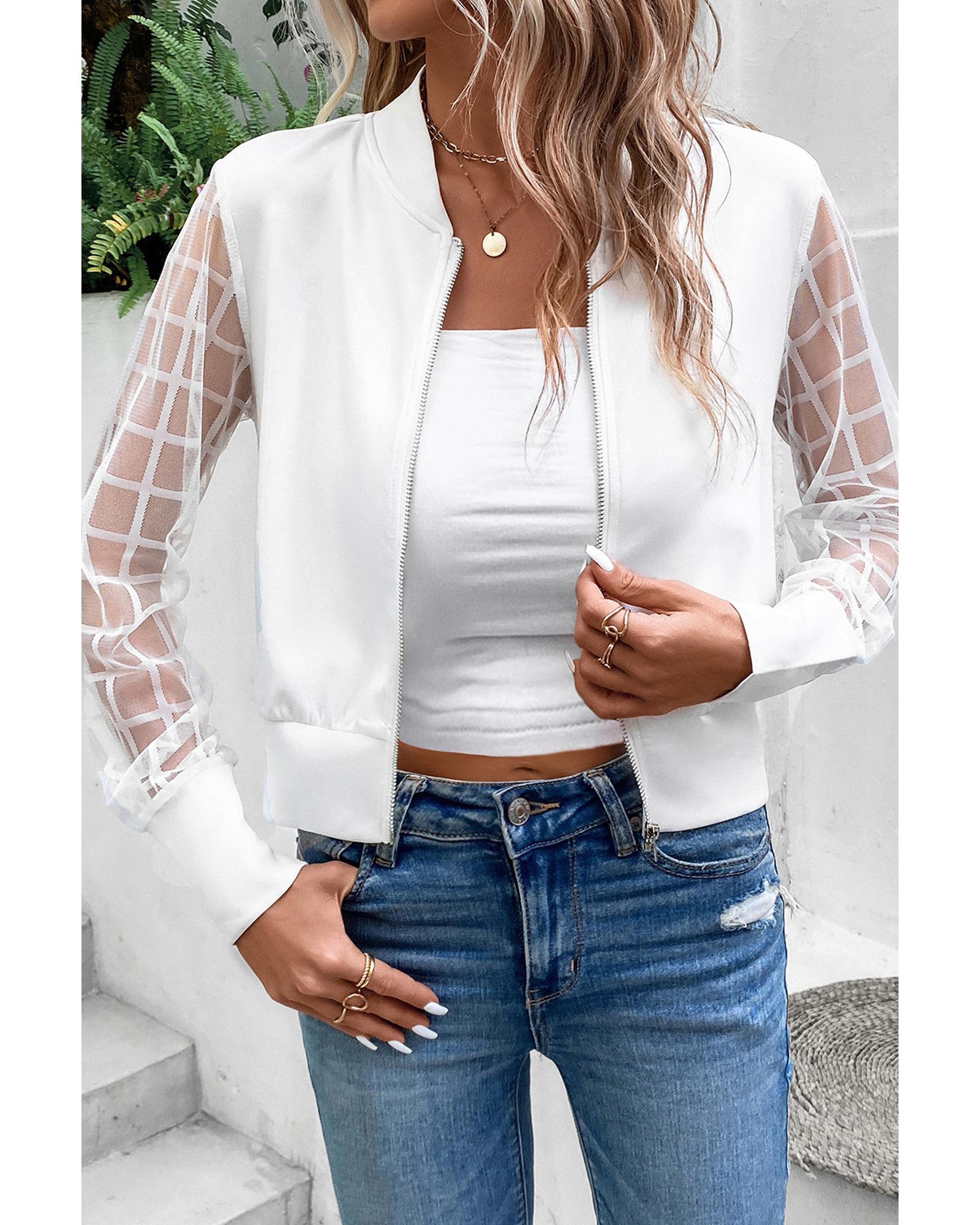 White Latticed Mesh Sleeve Zip Up Bomber Jacket - XL