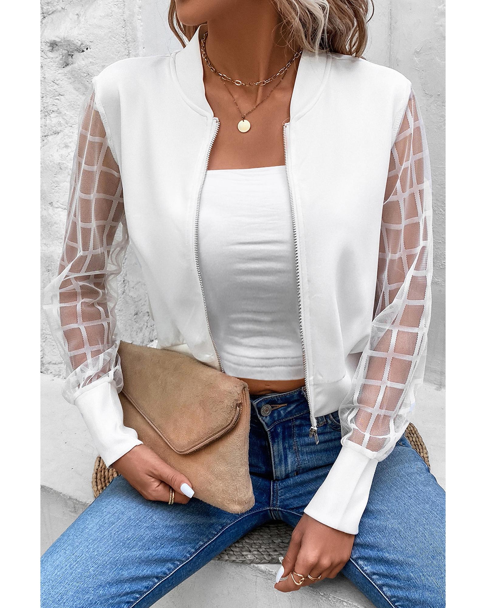 White Latticed Mesh Sleeve Zip Up Bomber Jacket - XL