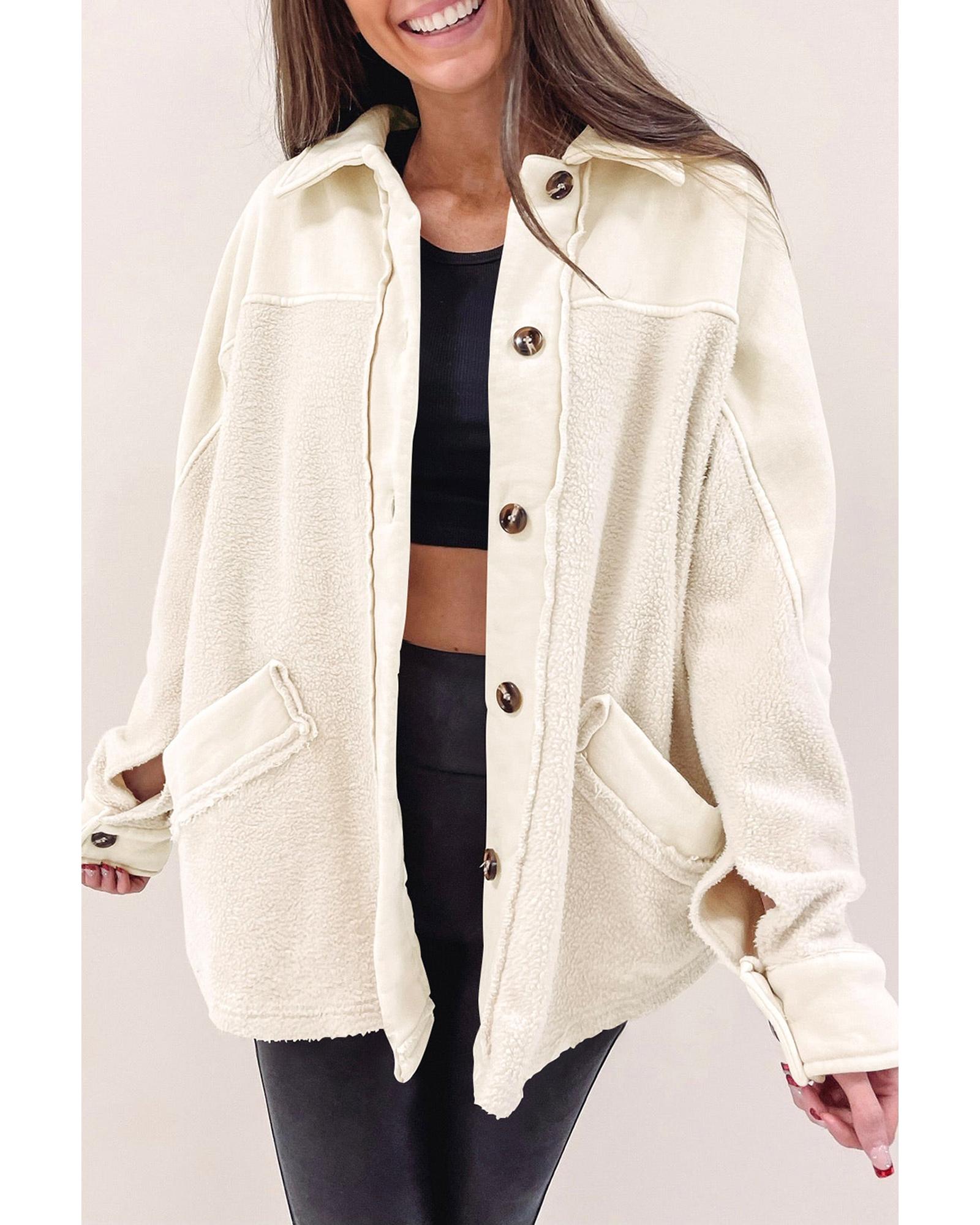 Beige Button-Up Stitching Pocket Raw Hem Shacket - M