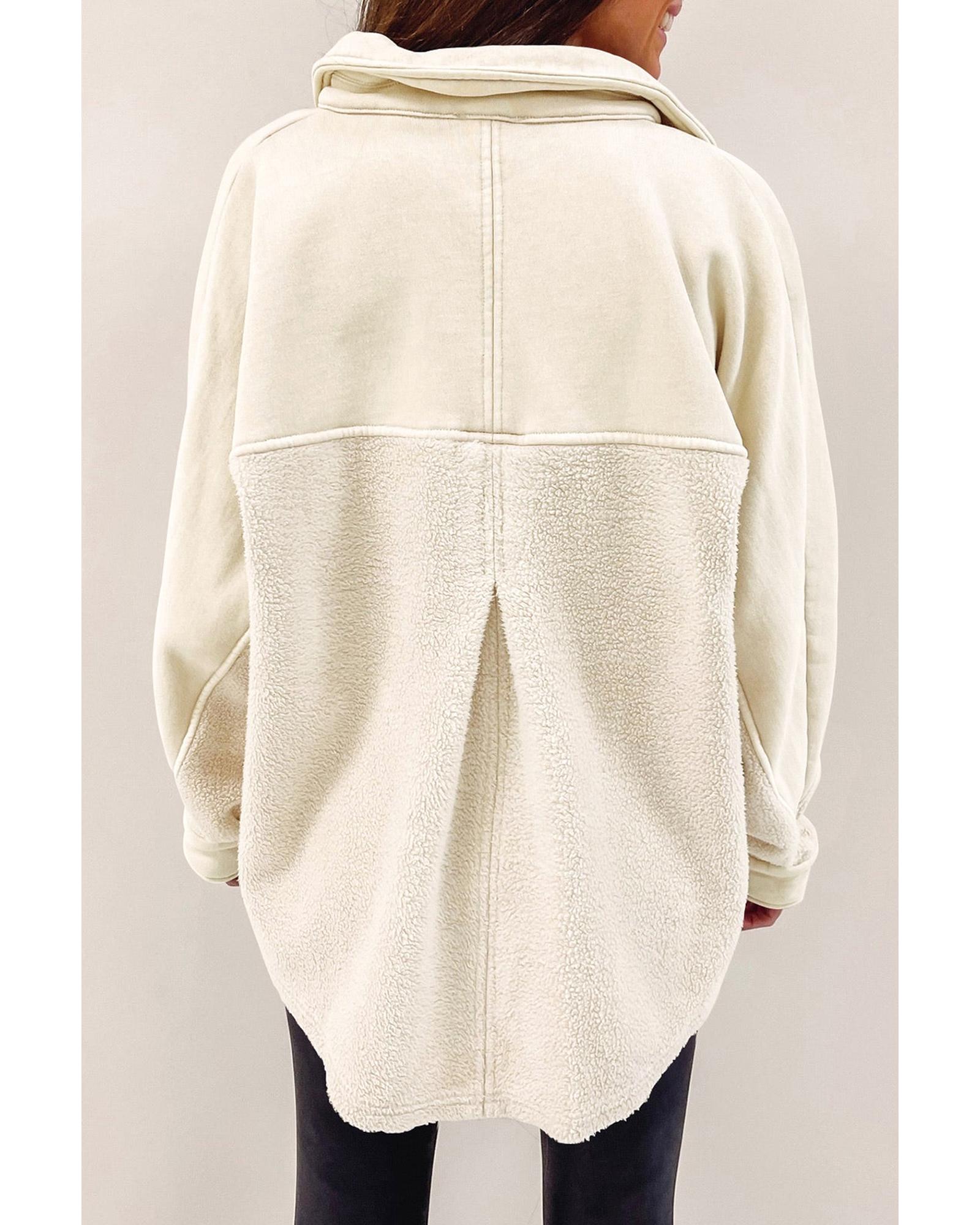 Beige Button-Up Stitching Pocket Raw Hem Shacket - M