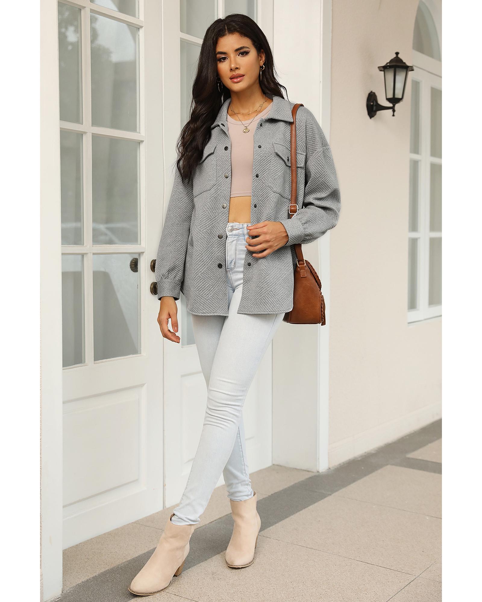 Gray Solid Textured Flap Pocket Buttoned Shacket - 2XL