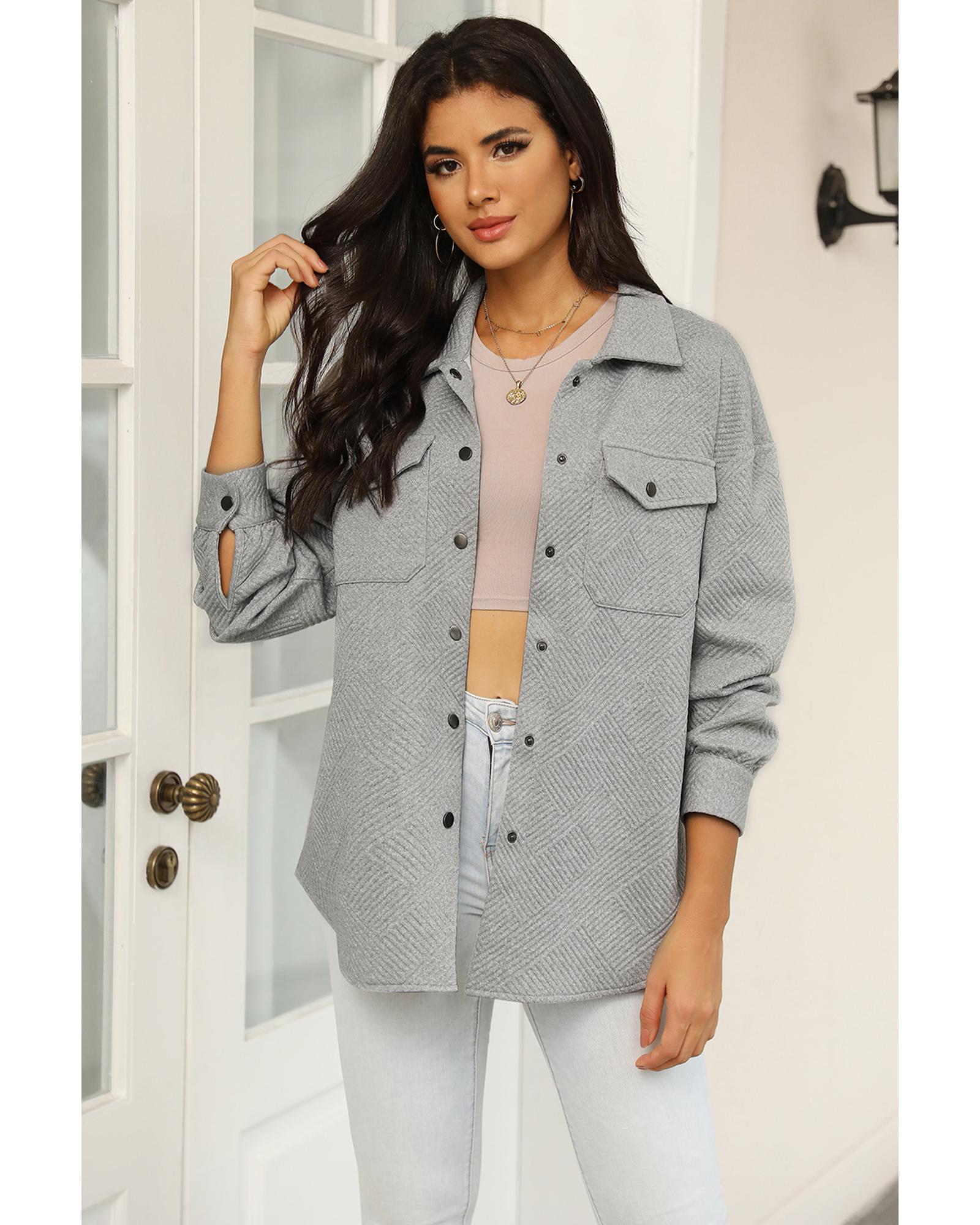 Gray Solid Textured Flap Pocket Buttoned Shacket - L