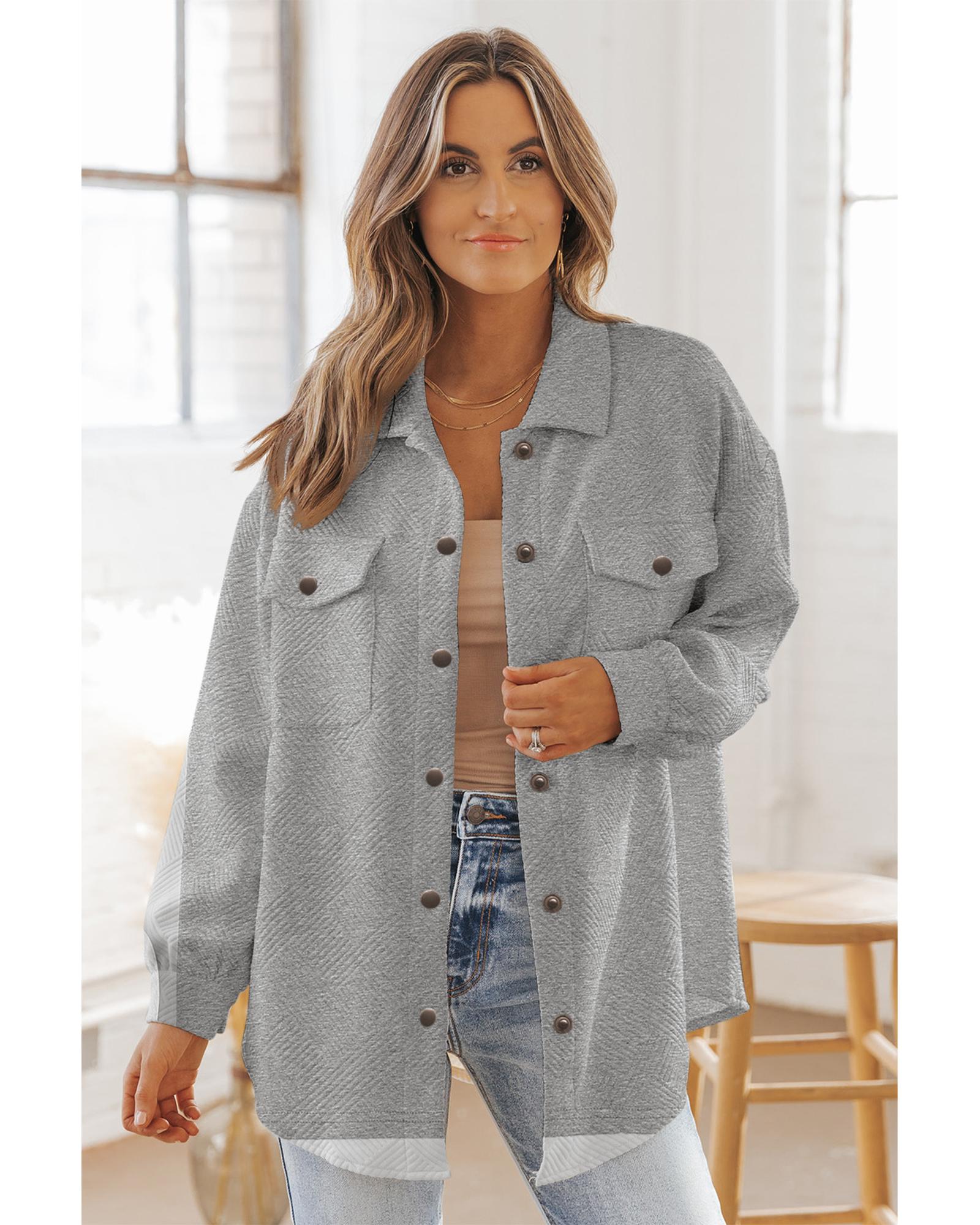 Gray Solid Textured Flap Pocket Buttoned Shacket - M