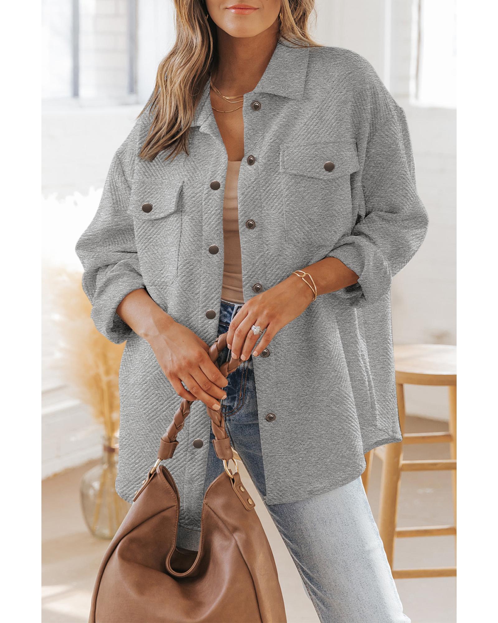 Gray Solid Textured Flap Pocket Buttoned Shacket - XL