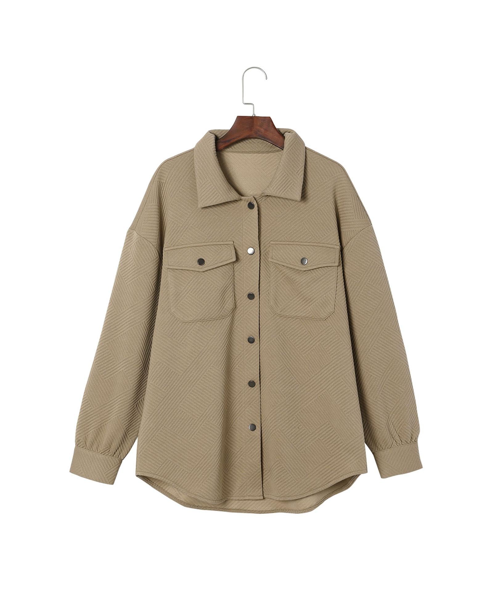 Khaki Solid Textured Flap Pocket Buttoned Shacket - M