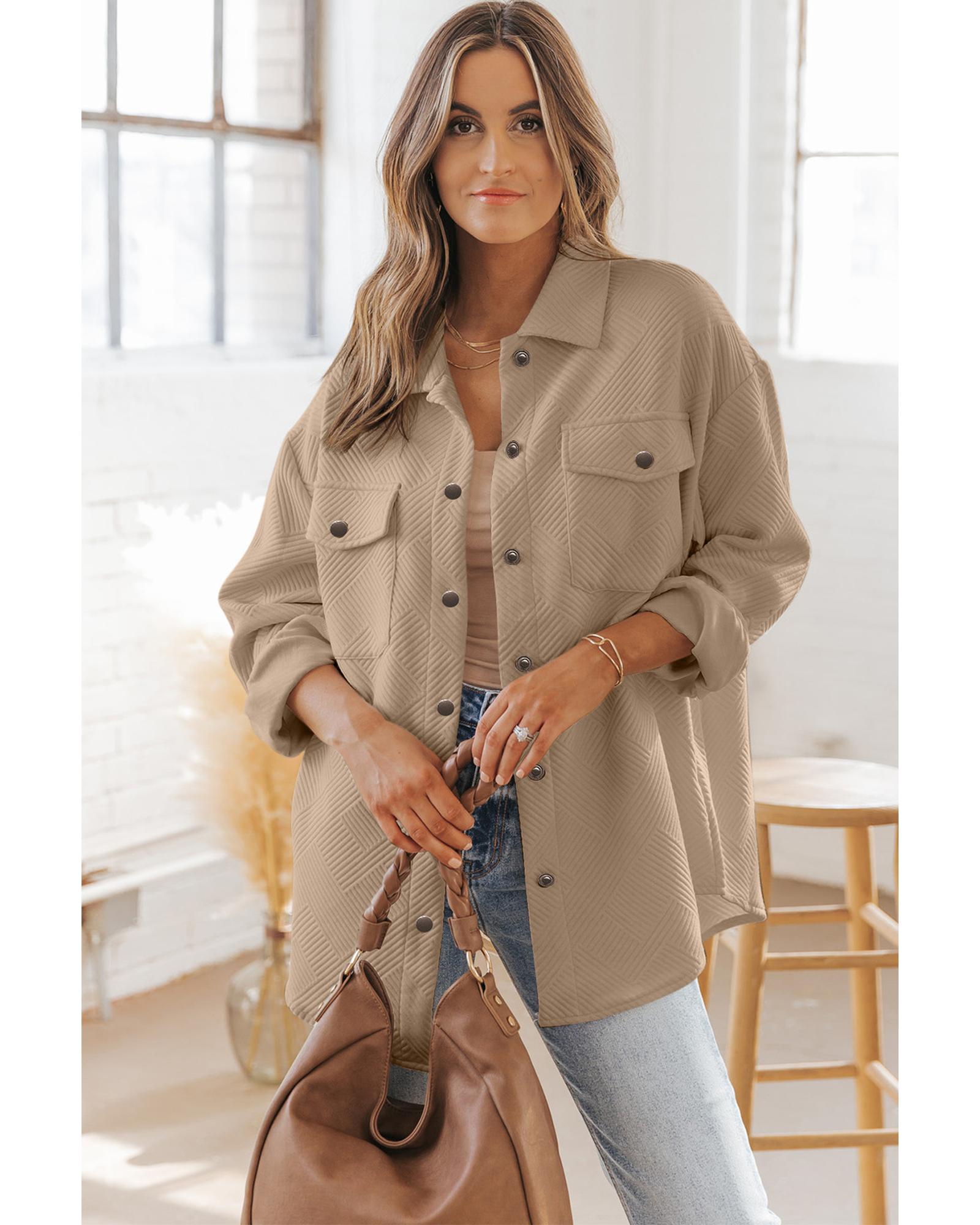 Khaki Solid Textured Flap Pocket Buttoned Shacket - M