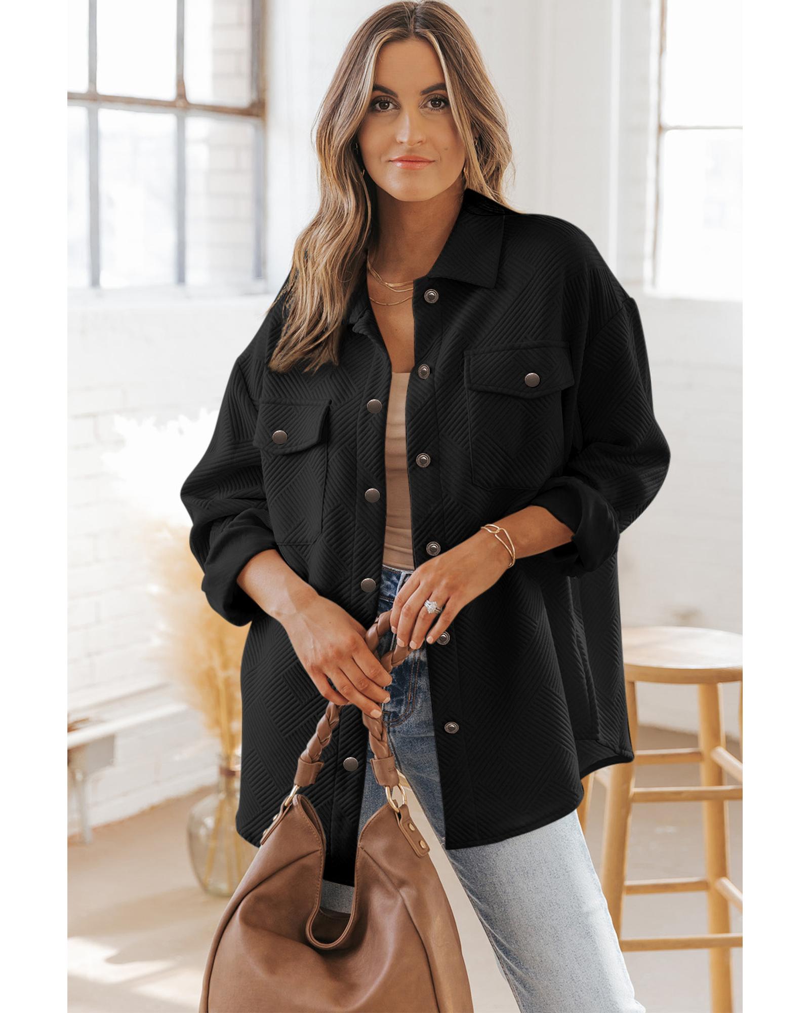 Black Solid Textured Flap Pocket Buttoned Shacket - L