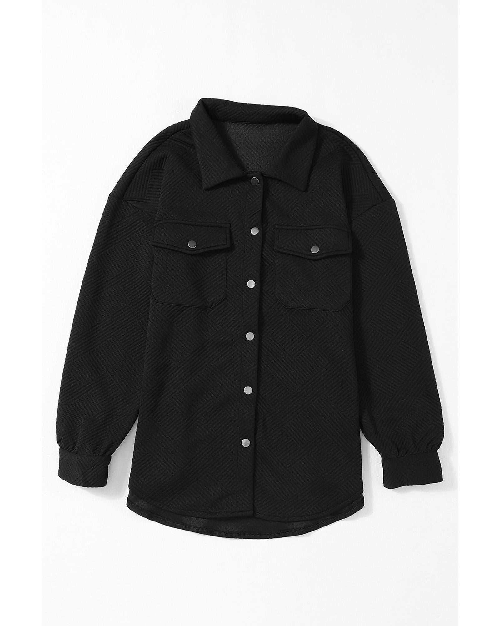 Black Solid Textured Flap Pocket Buttoned Shacket - M