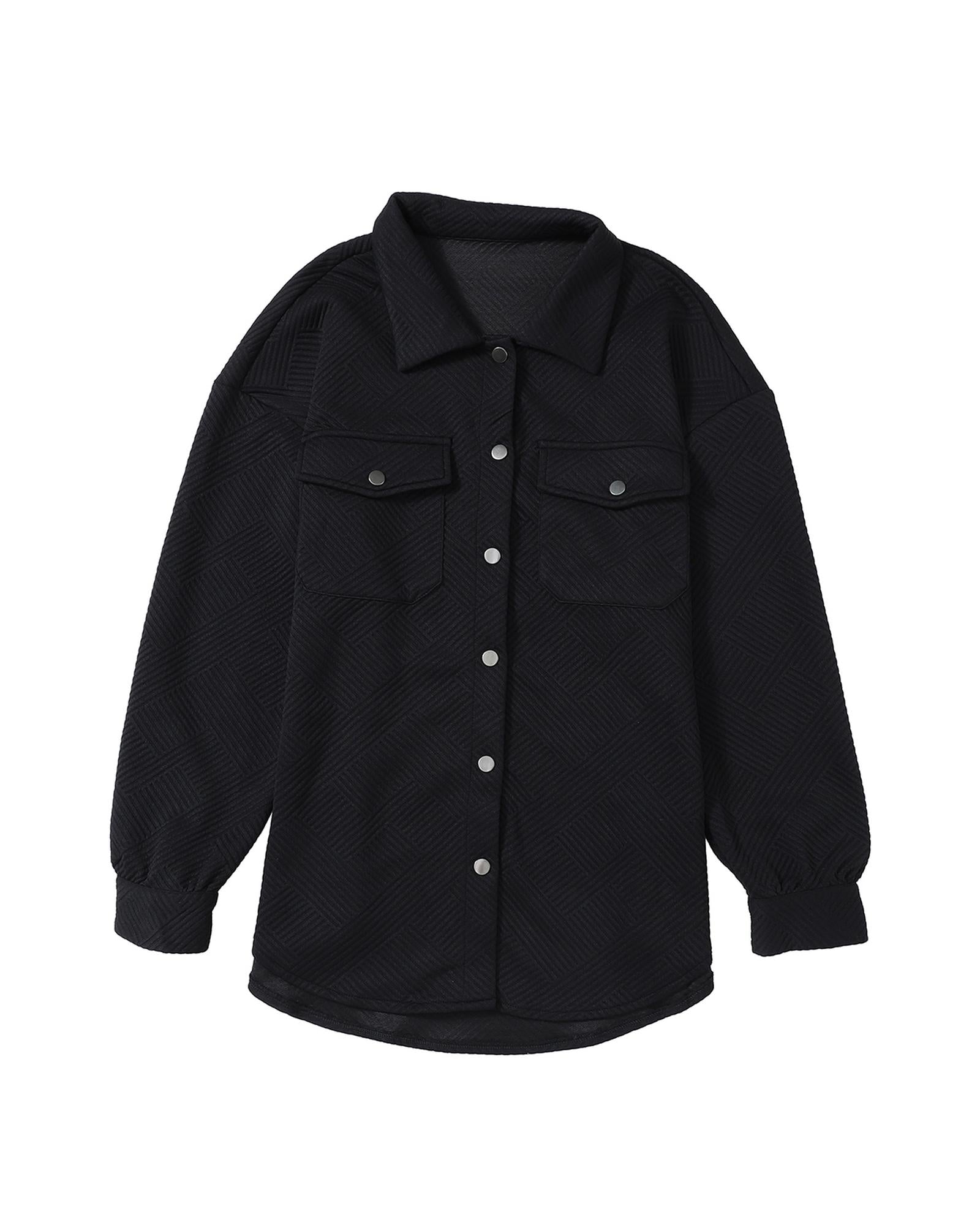 Black Solid Textured Flap Pocket Buttoned Shacket - M