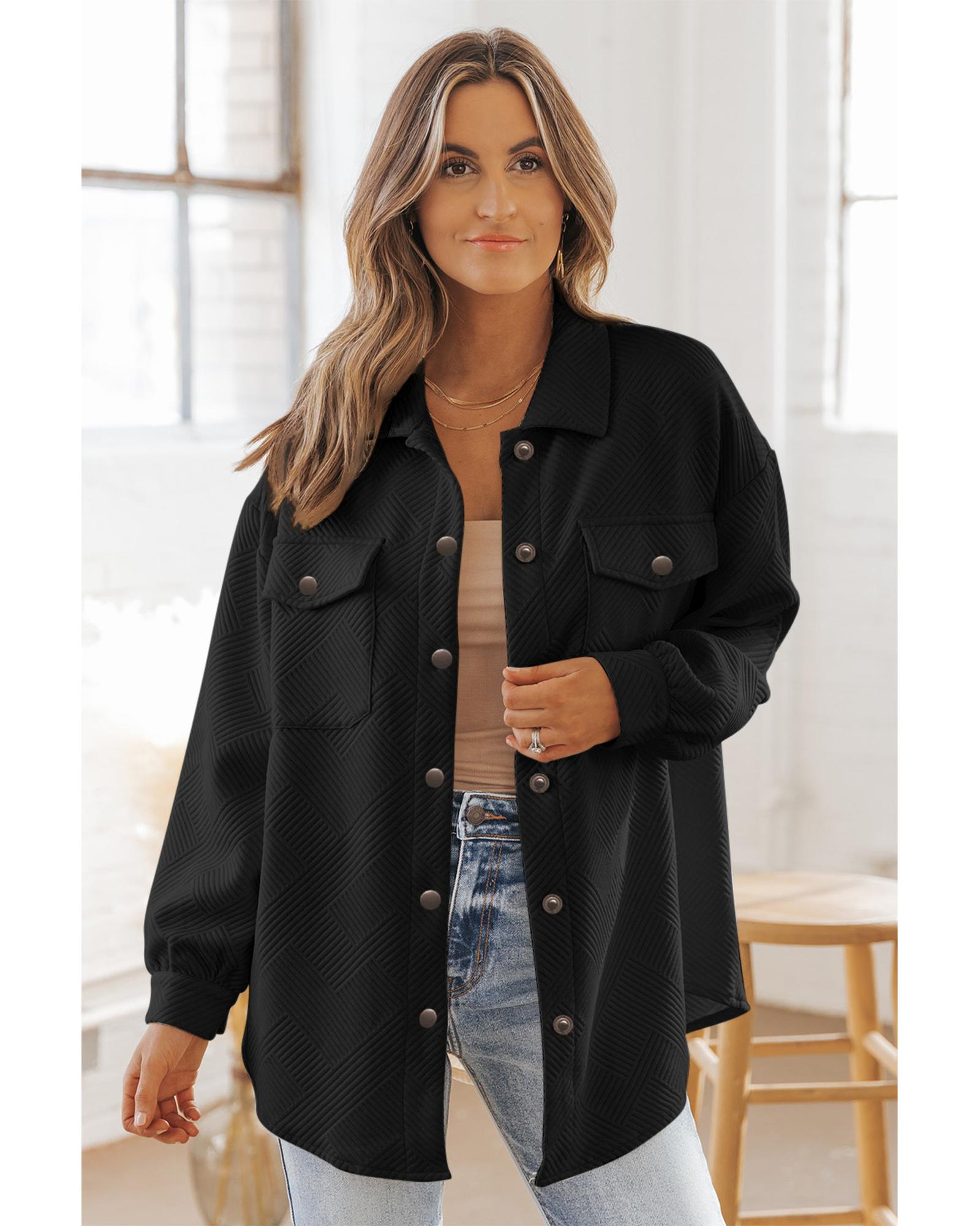 Black Solid Textured Flap Pocket Buttoned Shacket - M