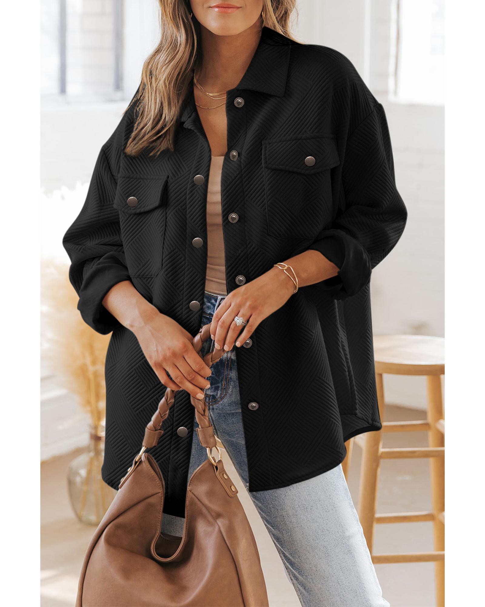 Black Solid Textured Flap Pocket Buttoned Shacket - XL