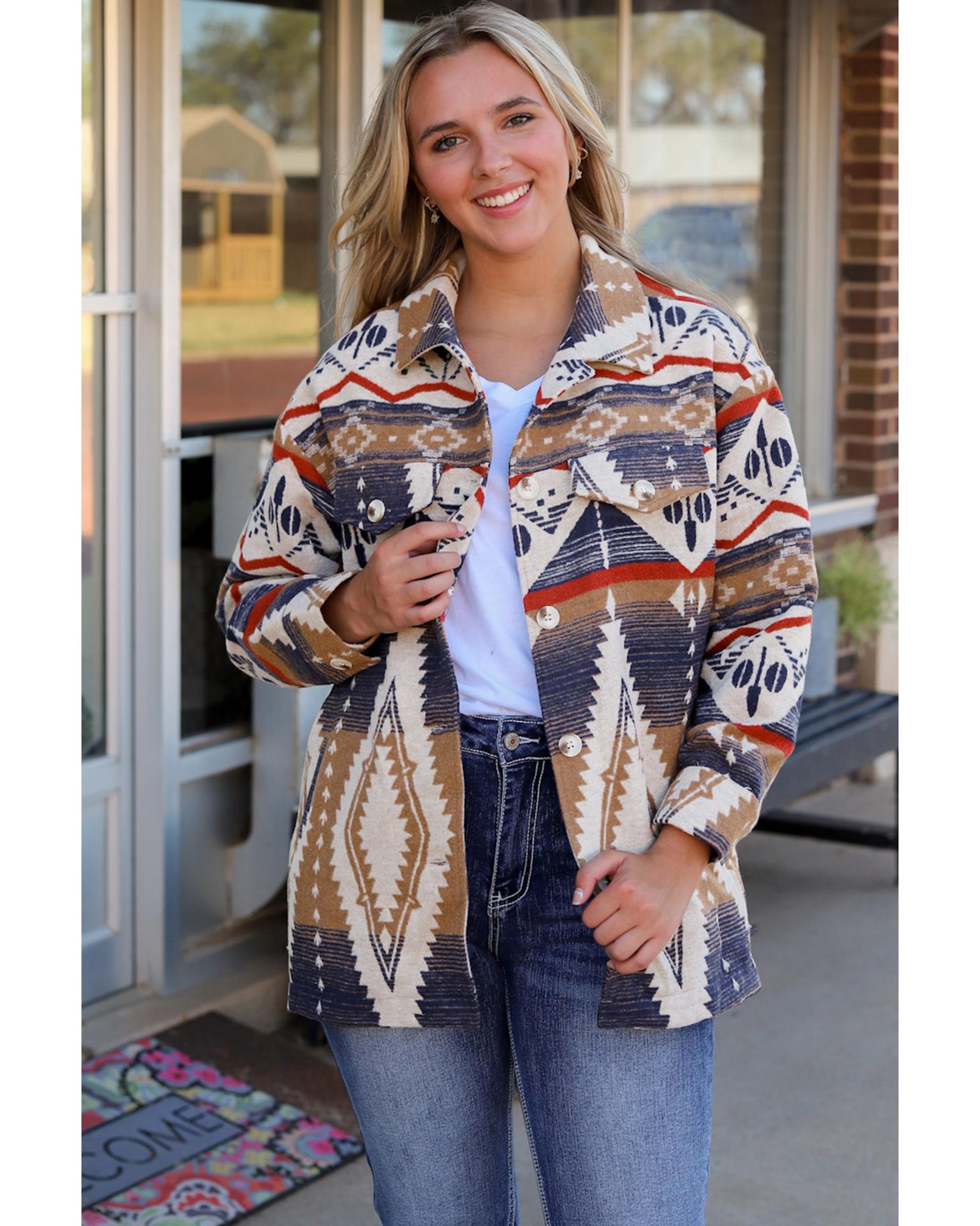 Multicolor Aztec Print Button-Up Oversized Jacket - M