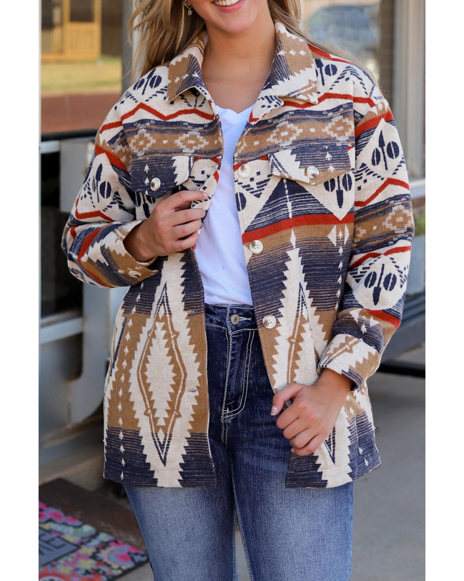 Multicolor Aztec Print Button-Up Oversized Jacket - S