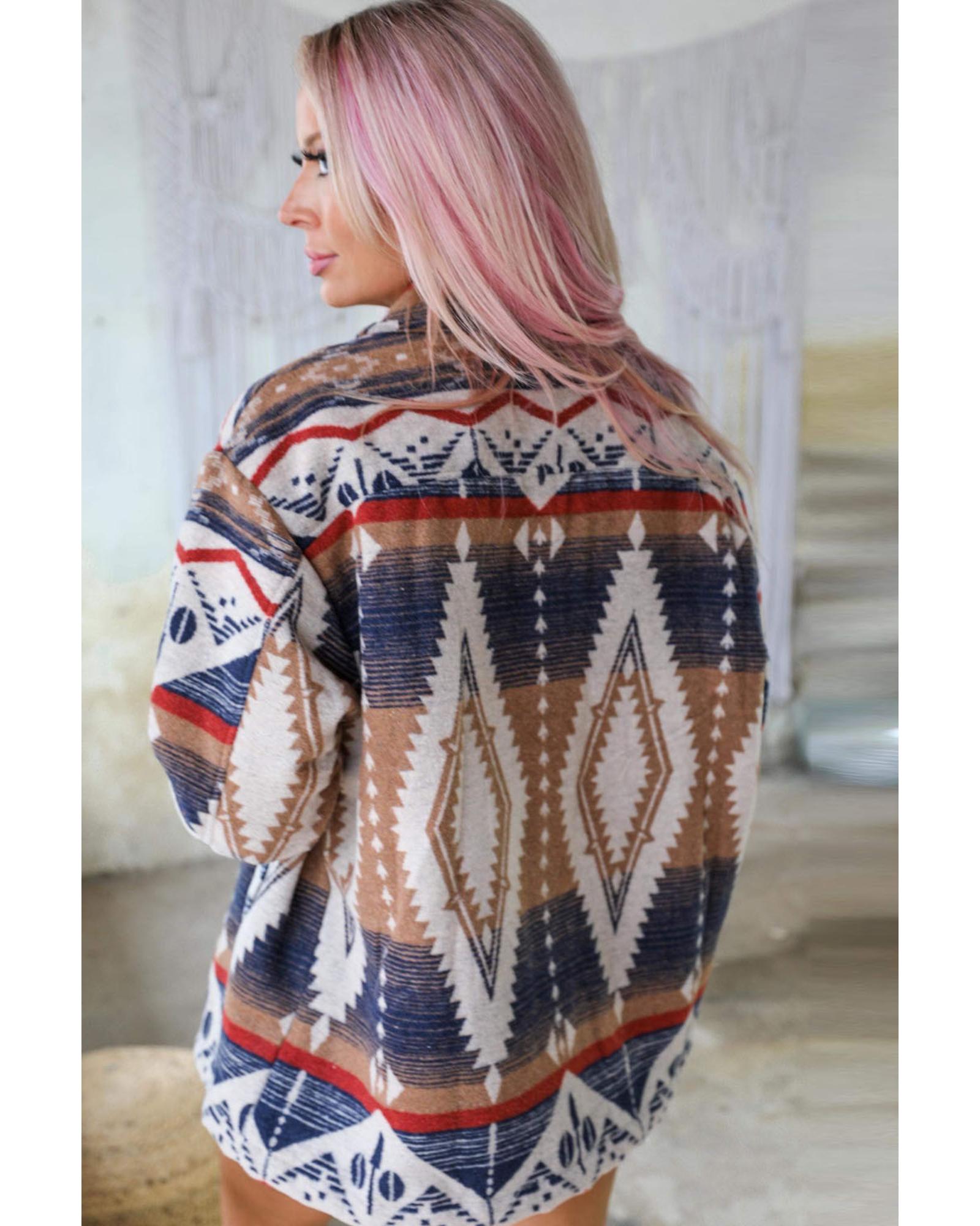 Multicolor Aztec Print Button-Up Oversized Jacket - S