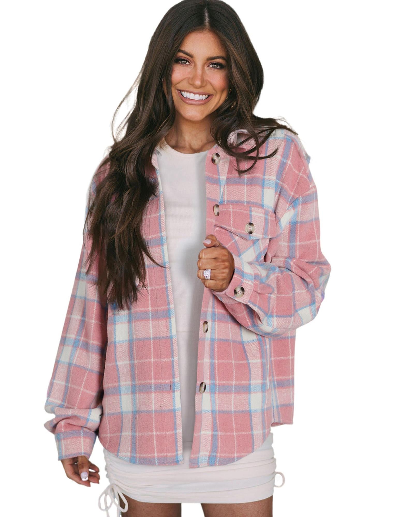 Pink Plaid Flap Pocket Flannel Shacket - L