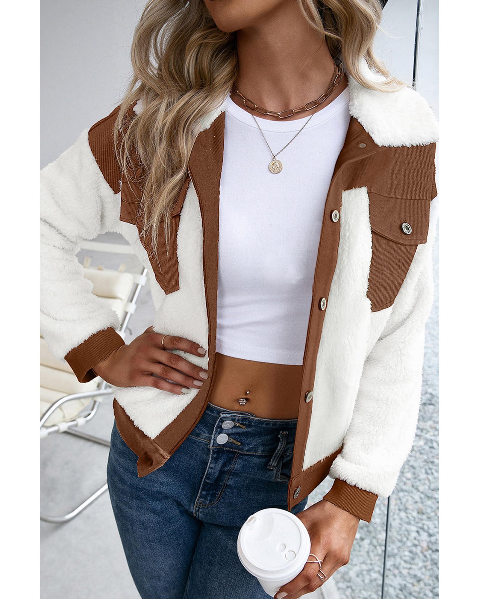 Chestnut Corduroy Color Block Contrast Patchwork Fuzzy Jacket - S