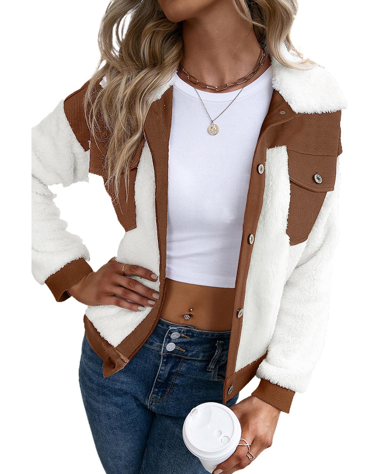 Chestnut Corduroy Color Block Contrast Patchwork Fuzzy Jacket - XL