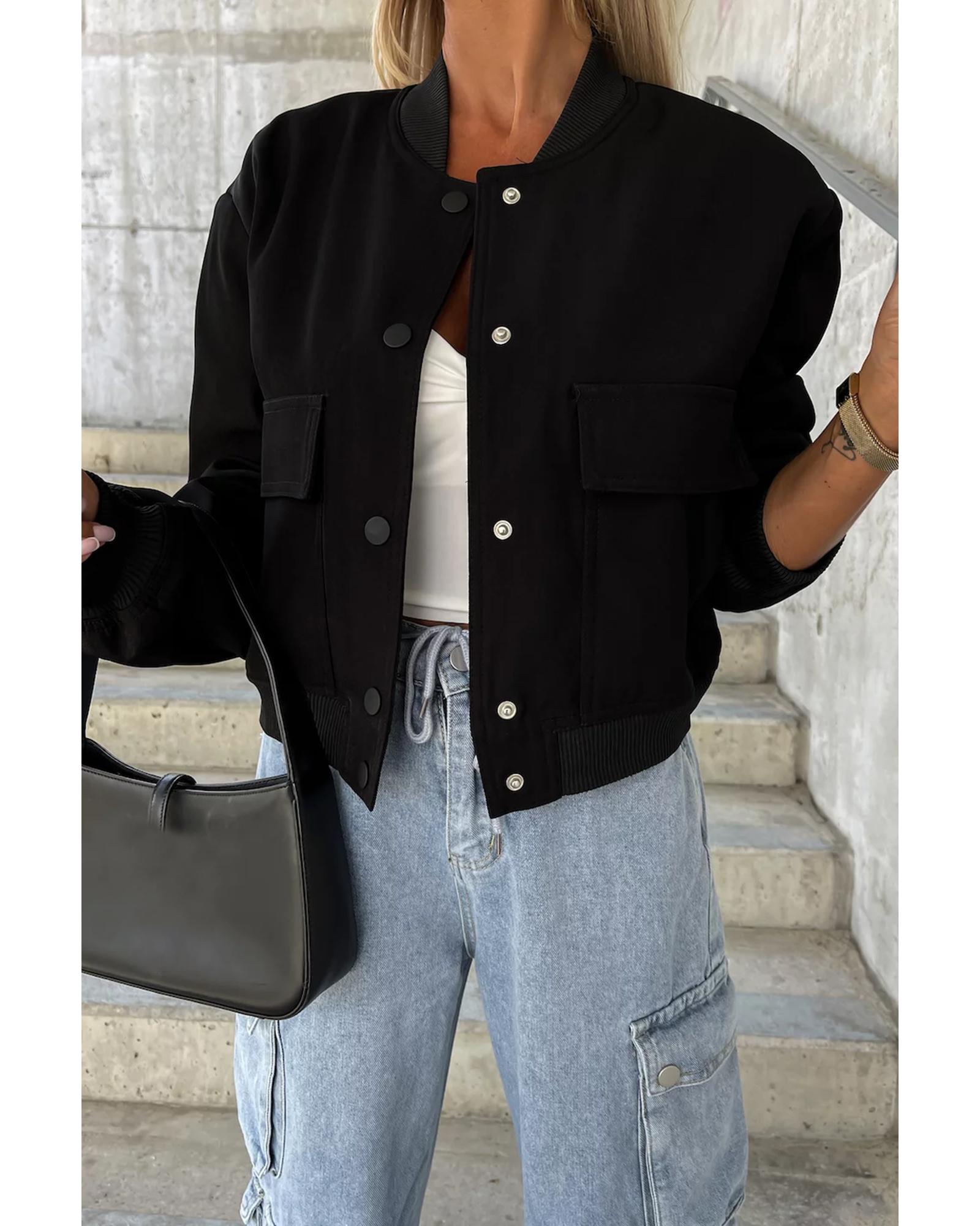 Black Big Pockets Baseball Collar Jacket - XL