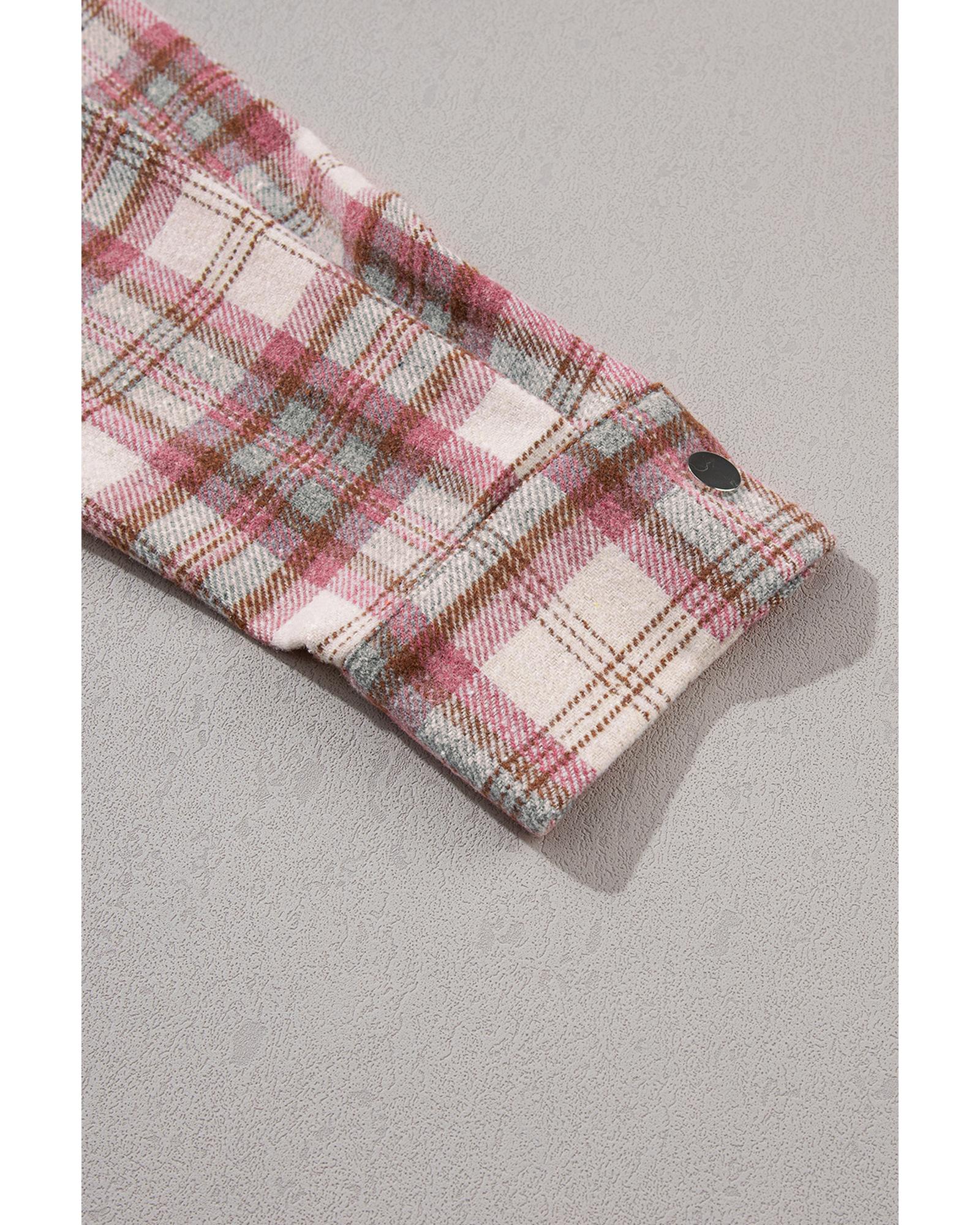 Multicolour Plaid Flap Pocket Hooded Raw Hem Jacket - L