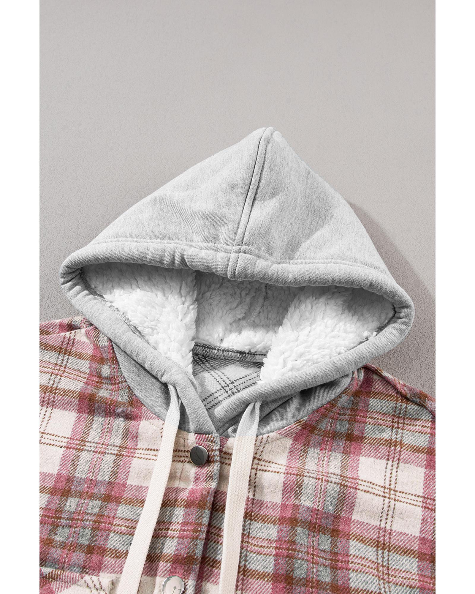 Multicolour Plaid Flap Pocket Hooded Raw Hem Jacket - L