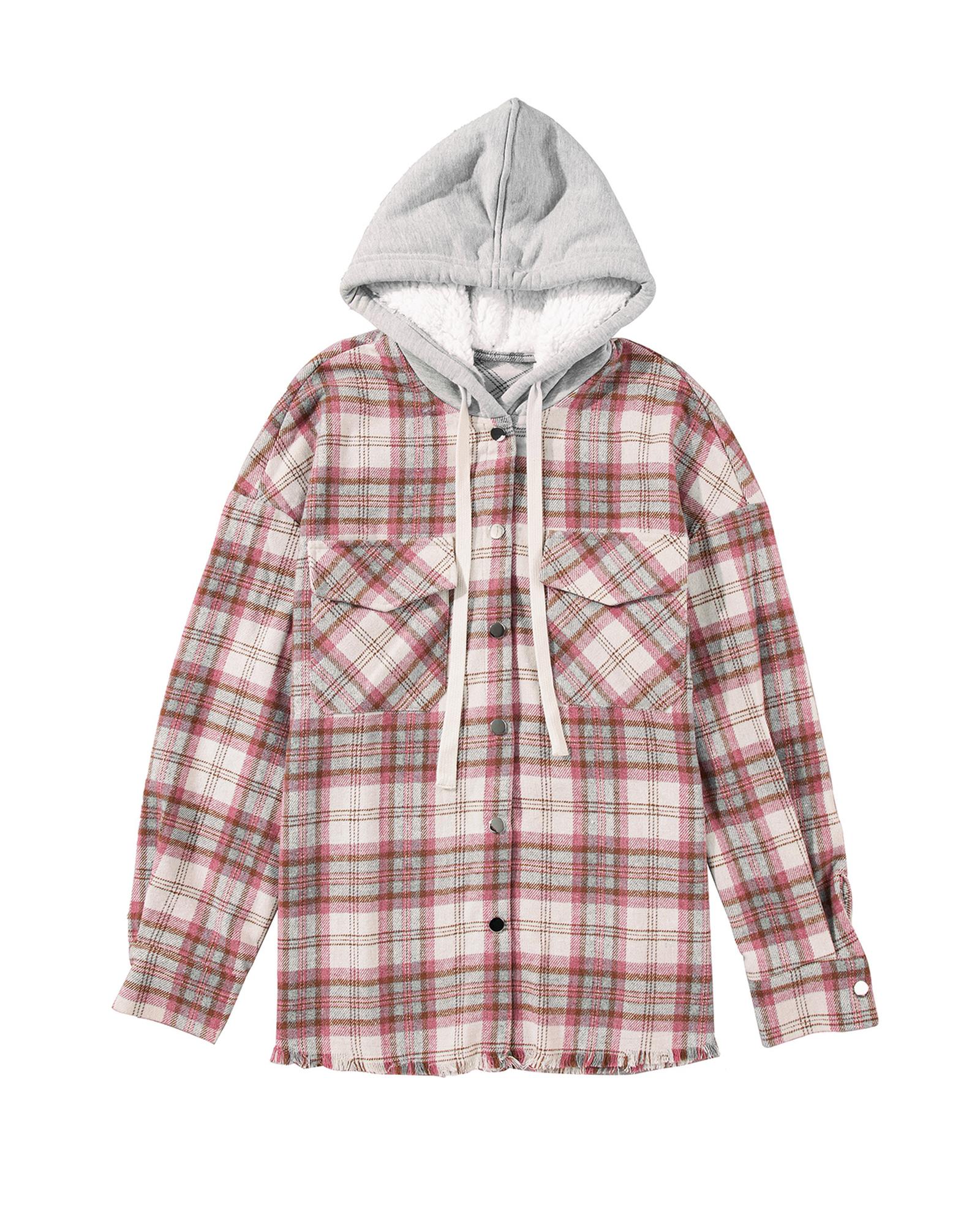 Multicolour Plaid Flap Pocket Hooded Raw Hem Jacket - L