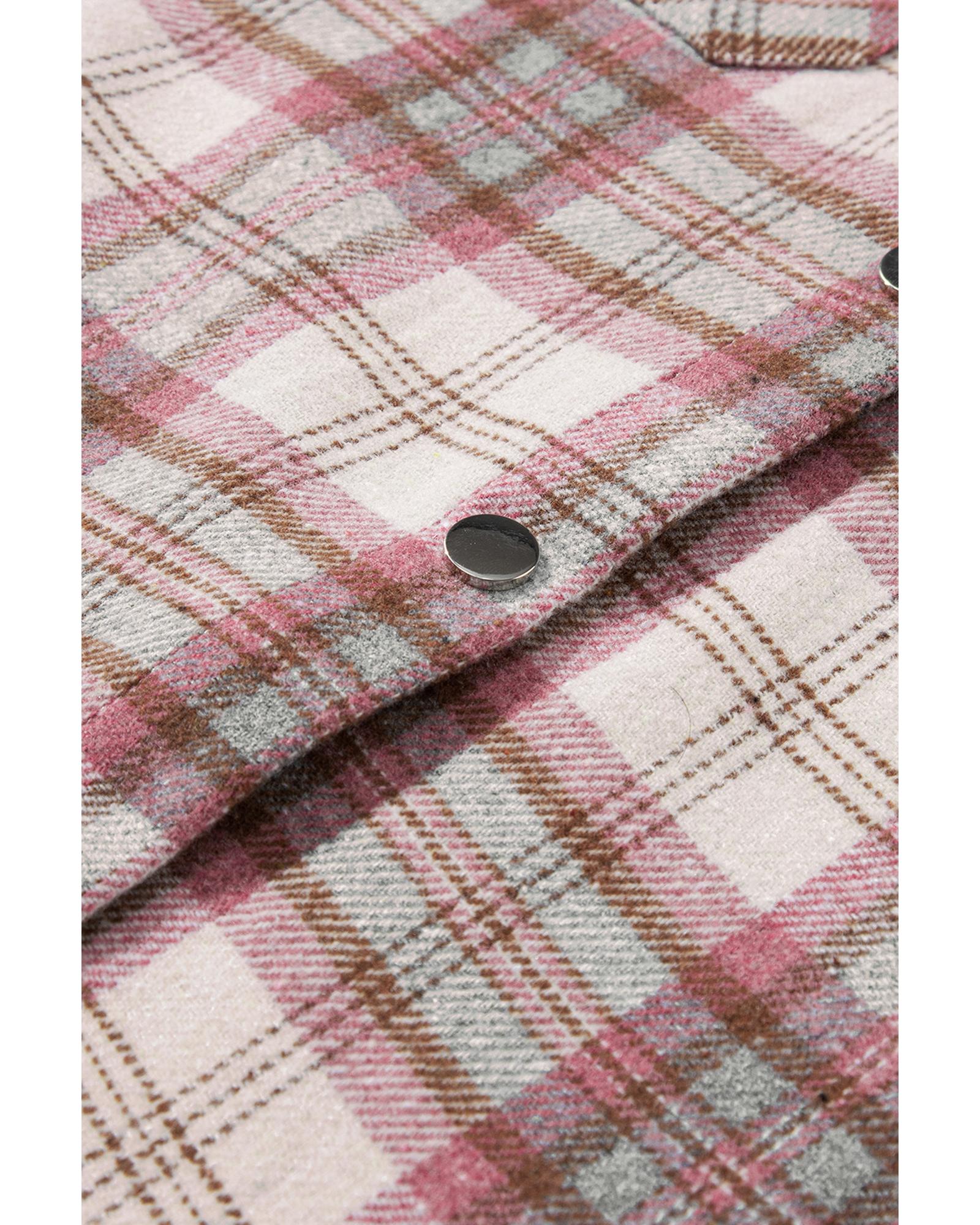 Multicolour Plaid Flap Pocket Hooded Raw Hem Jacket - M