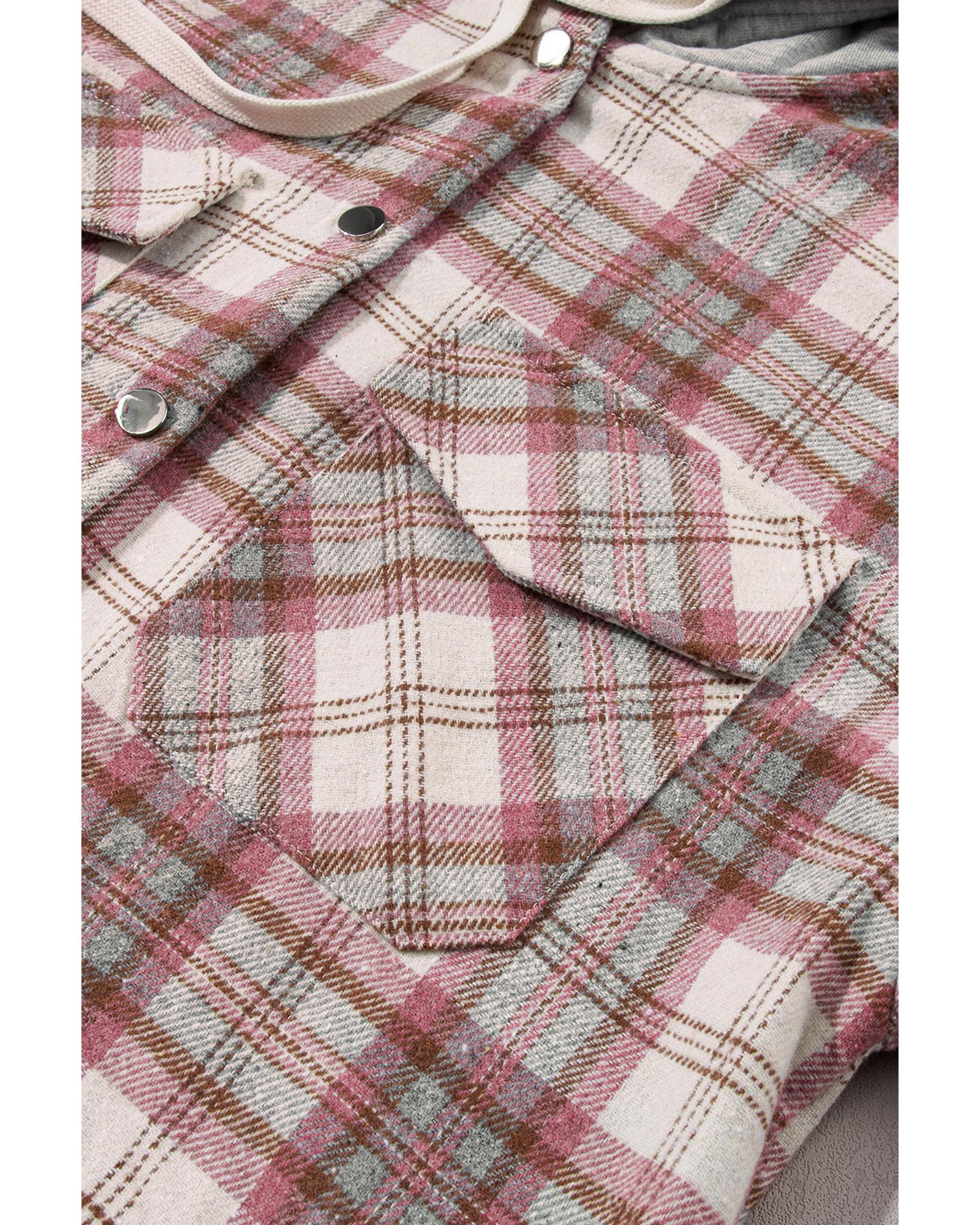 Multicolour Plaid Flap Pocket Hooded Raw Hem Jacket - M