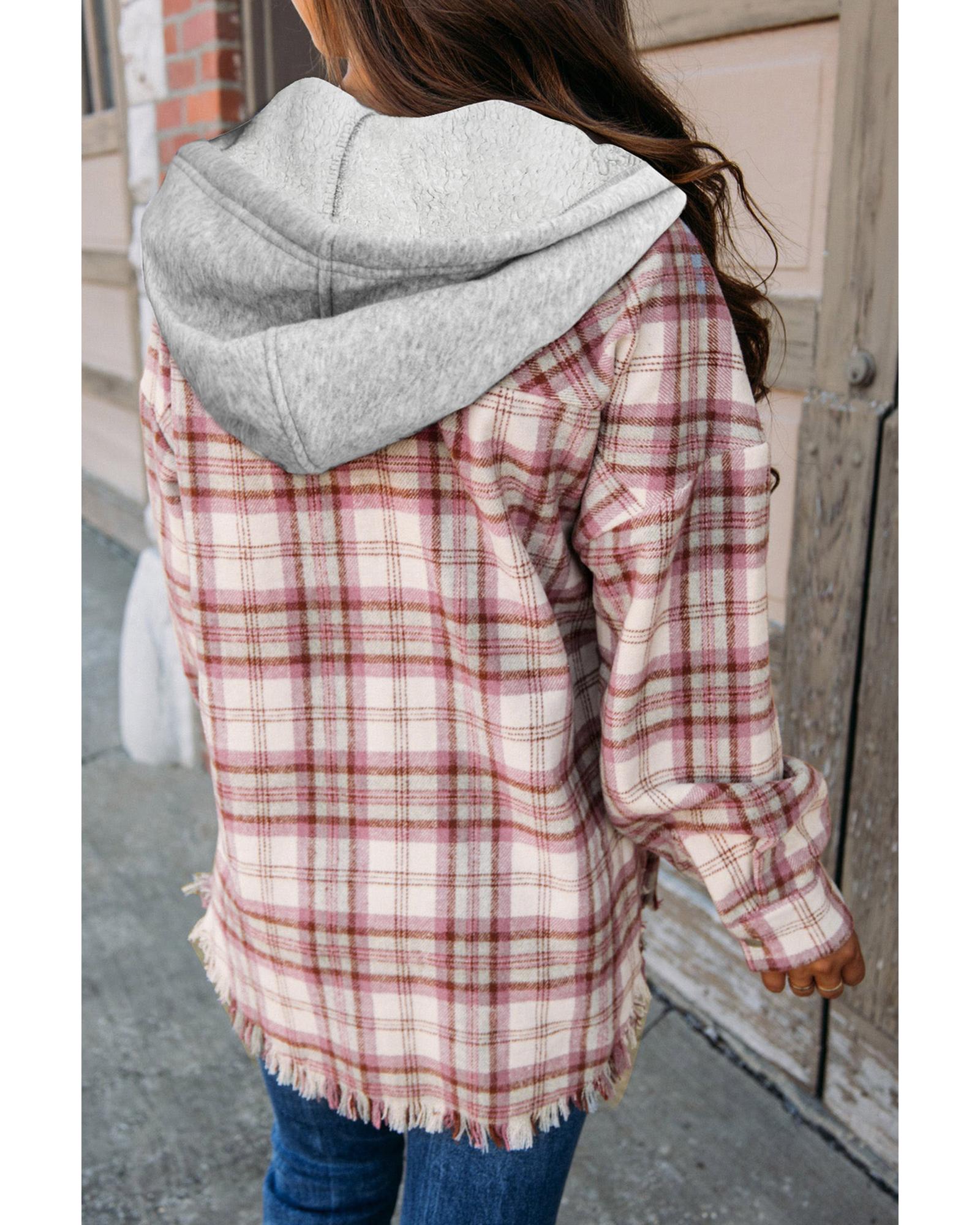 Multicolour Plaid Flap Pocket Hooded Raw Hem Jacket - XL
