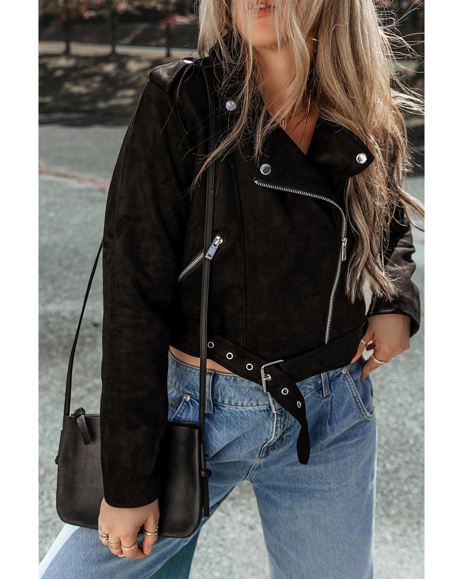 Black Asymmetric Zipper Belted Hem Jacket - L