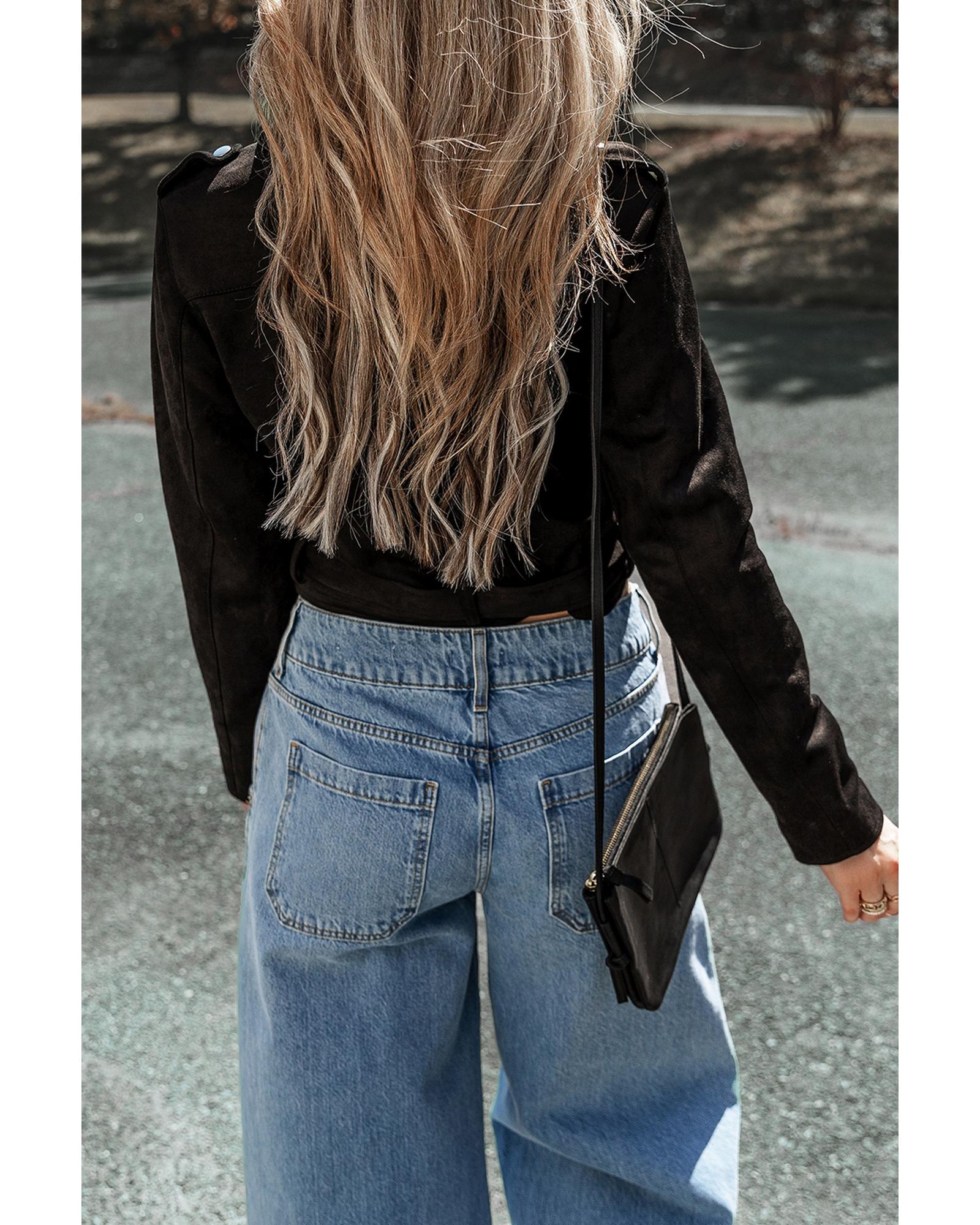 Black Asymmetric Zipper Belted Hem Jacket - M