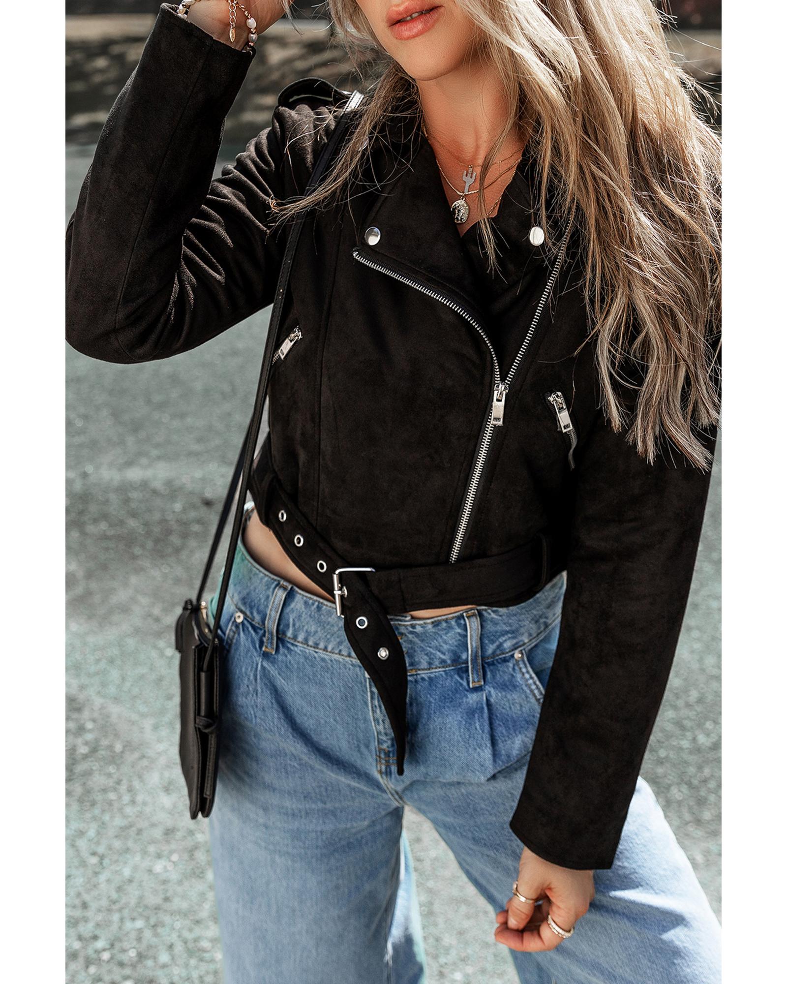 Black Asymmetric Zipper Belted Hem Jacket - S