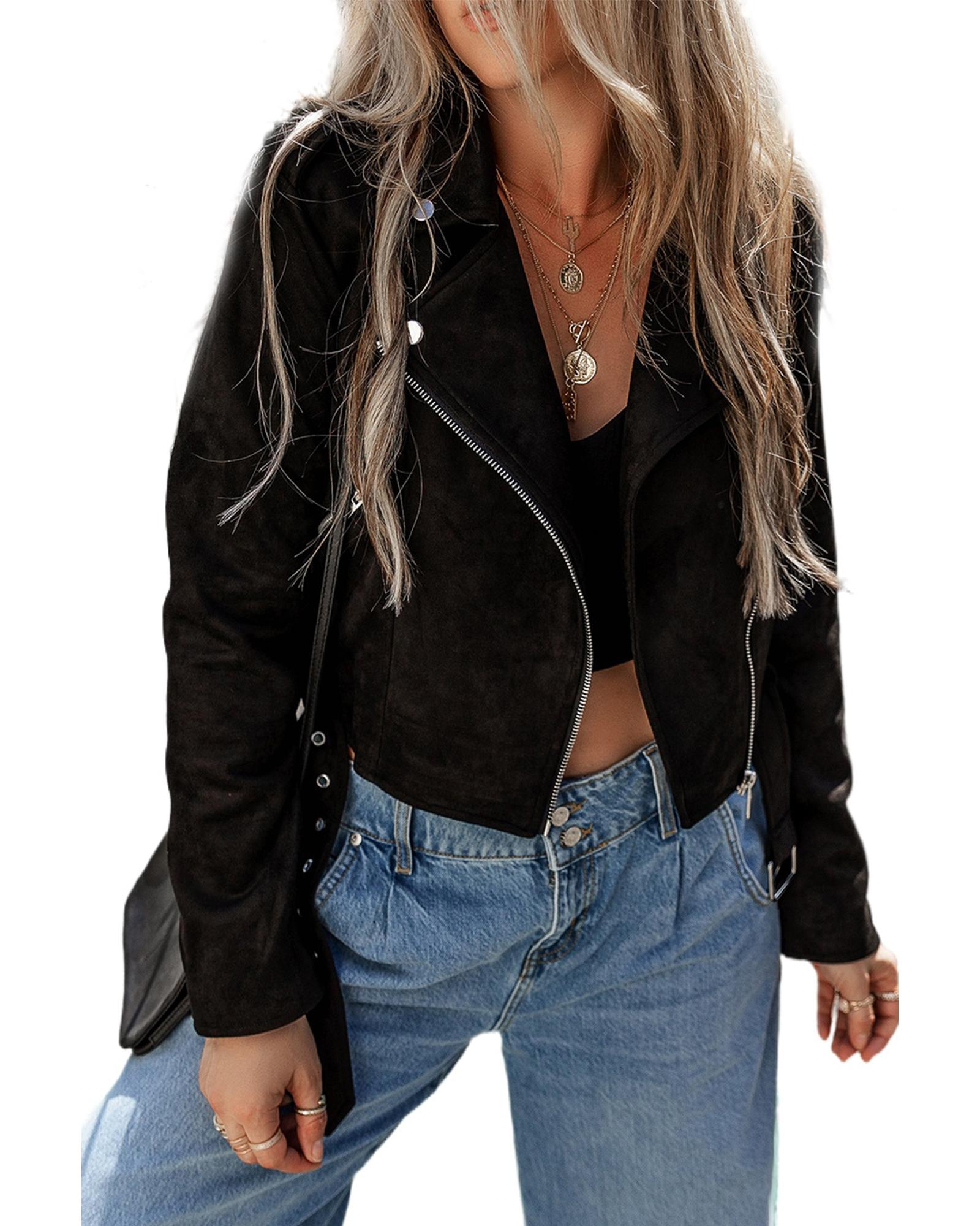 Black Asymmetric Zipper Belted Hem Jacket - S