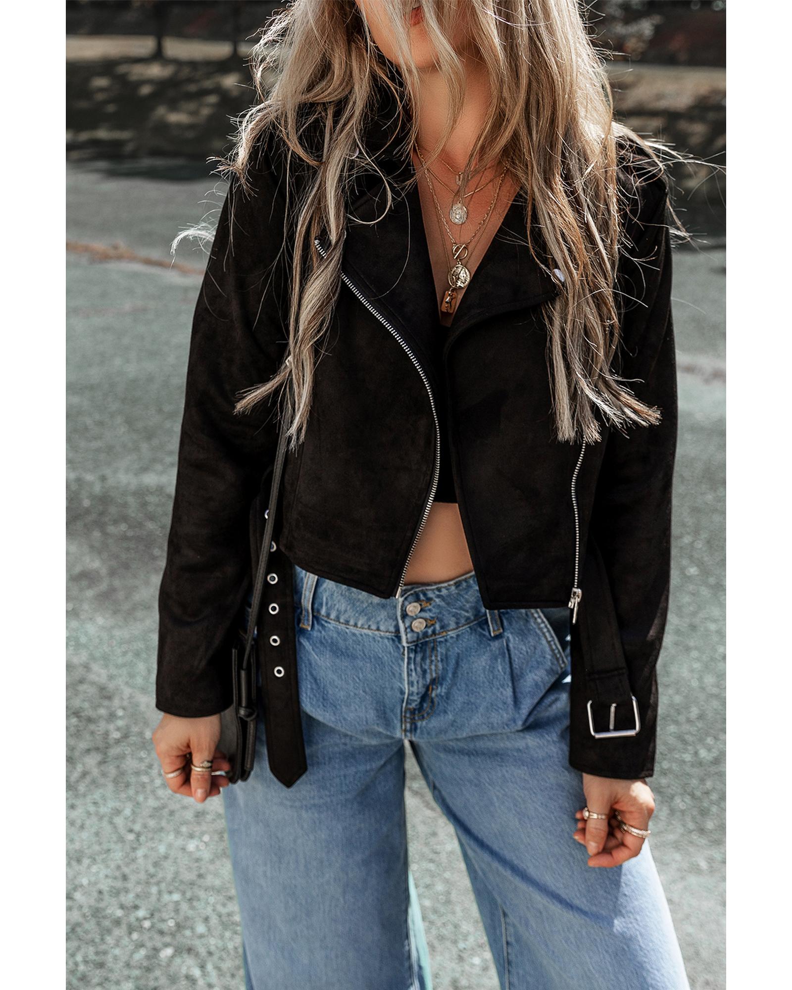 Black Asymmetric Zipper Belted Hem Jacket - S