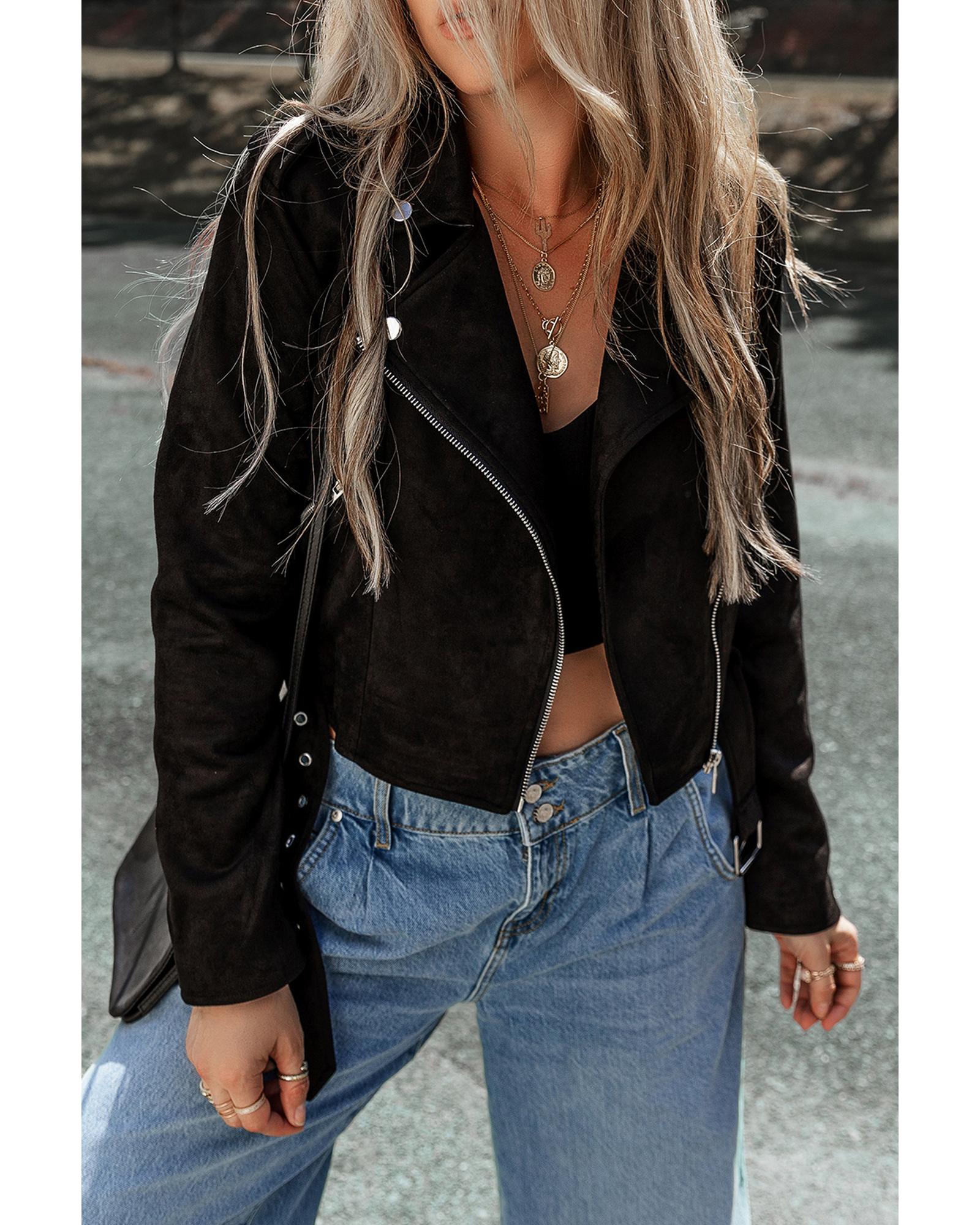 Black Asymmetric Zipper Belted Hem Jacket - XL