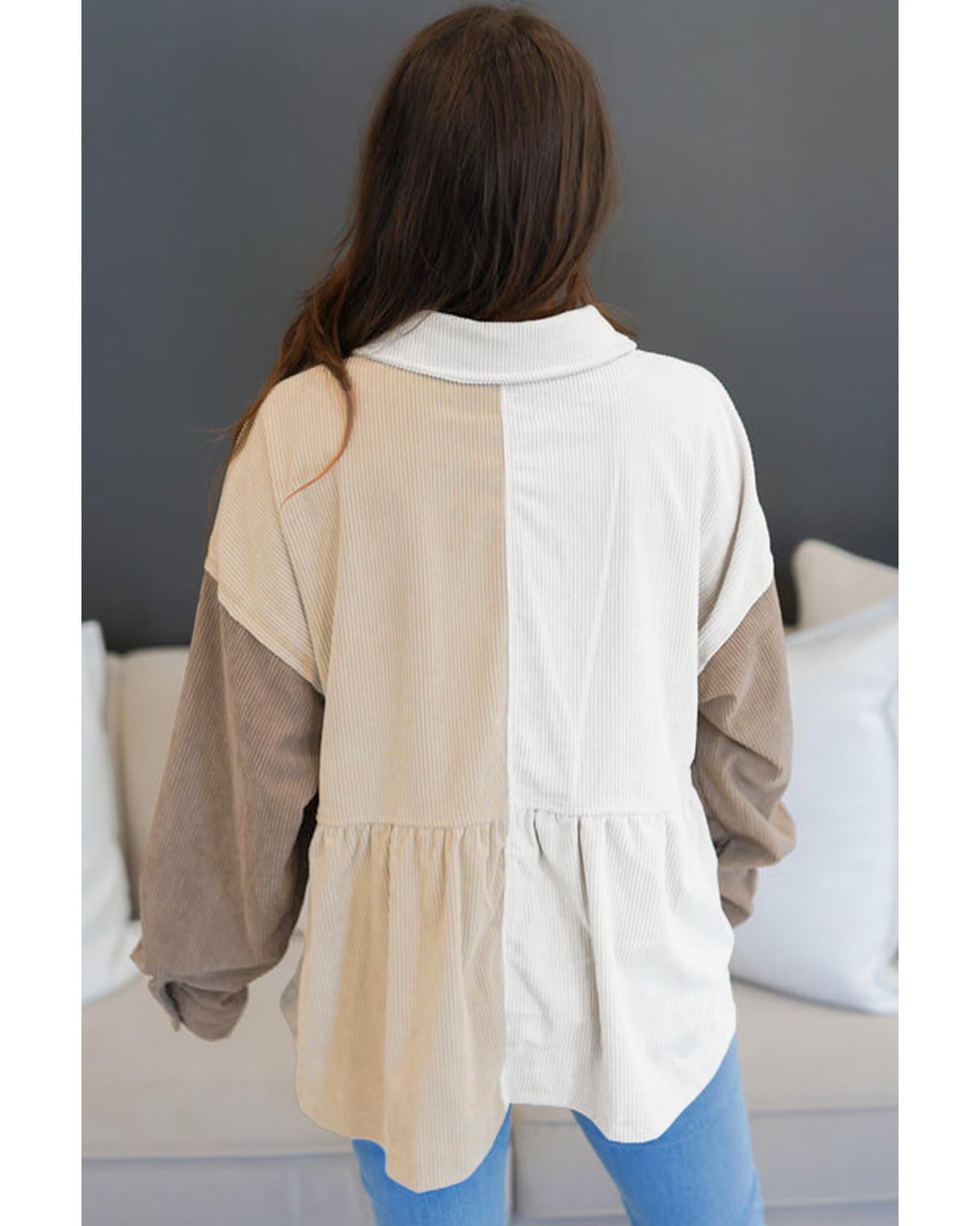 Khaki Corduroy Colorblock Button up Loose Shacket - L