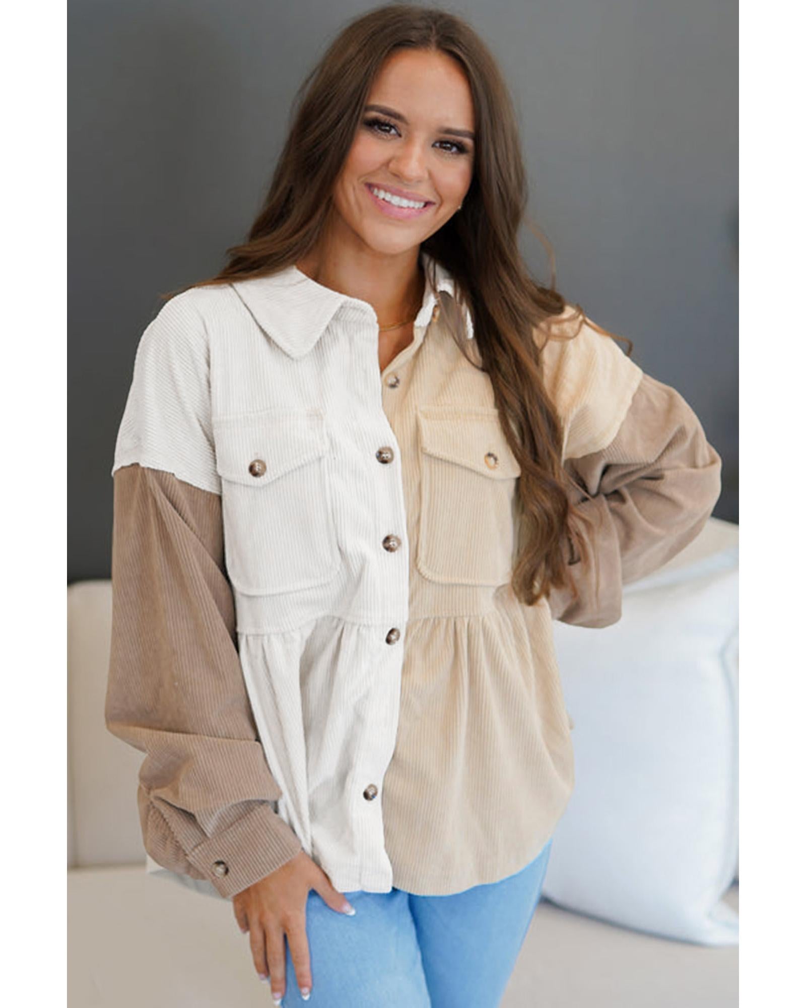 Khaki Corduroy Colorblock Button up Loose Shacket - L